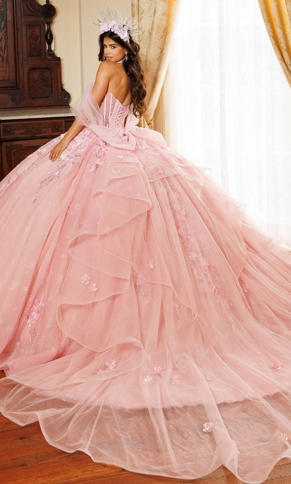 Rachel Allan RQ6023 - Ruffle Train Floral Embellished Gown Quinceanera Dresses in Pink    