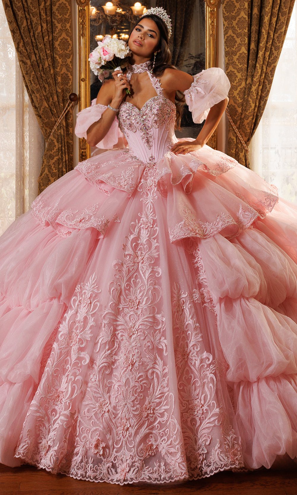 Rachel Allan RQ6025 - Halter Choker Embroidered Tulle Gown Quinceanera Dresses in Pink    