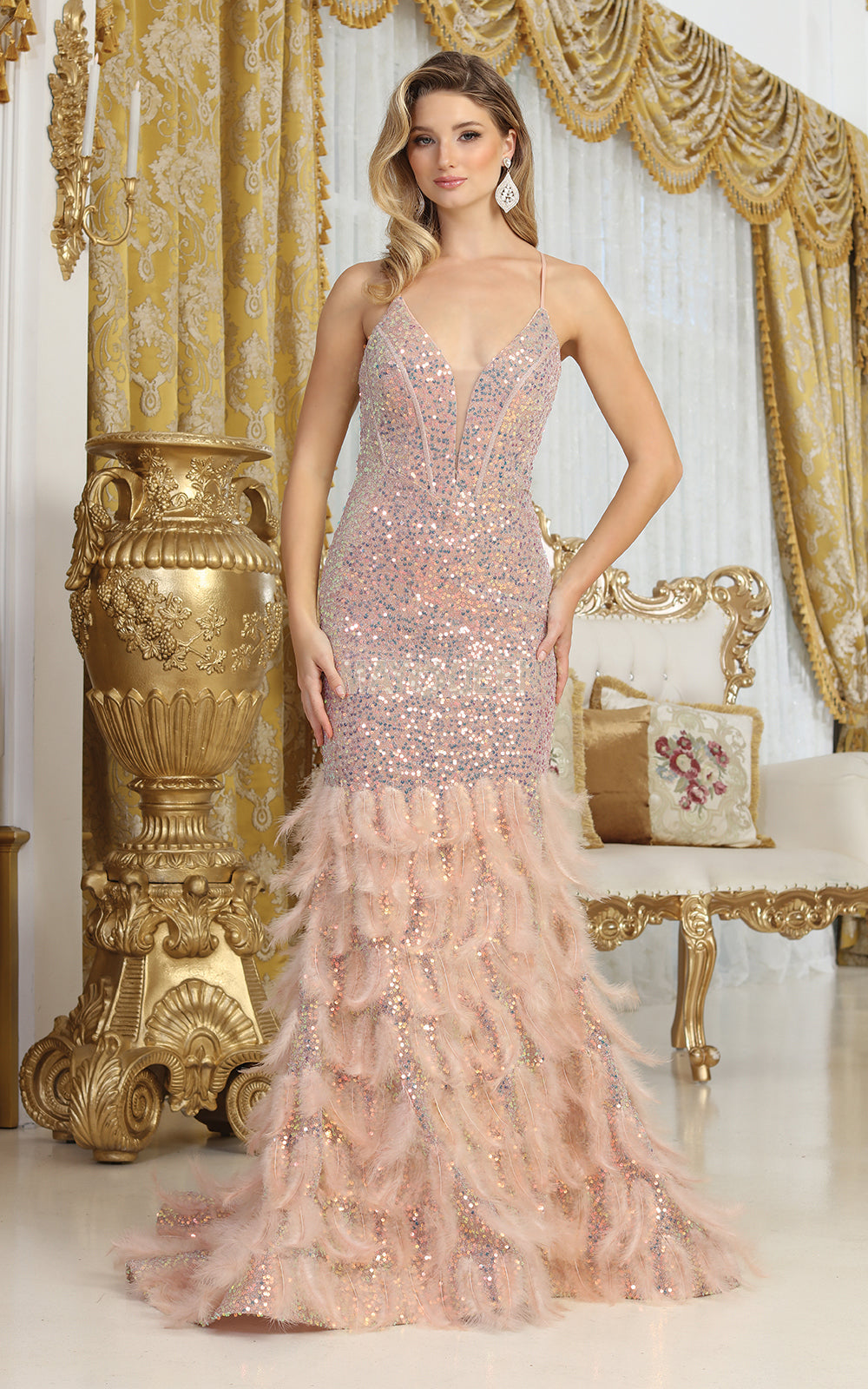 May Queen RQ8076 - Feathered Gown