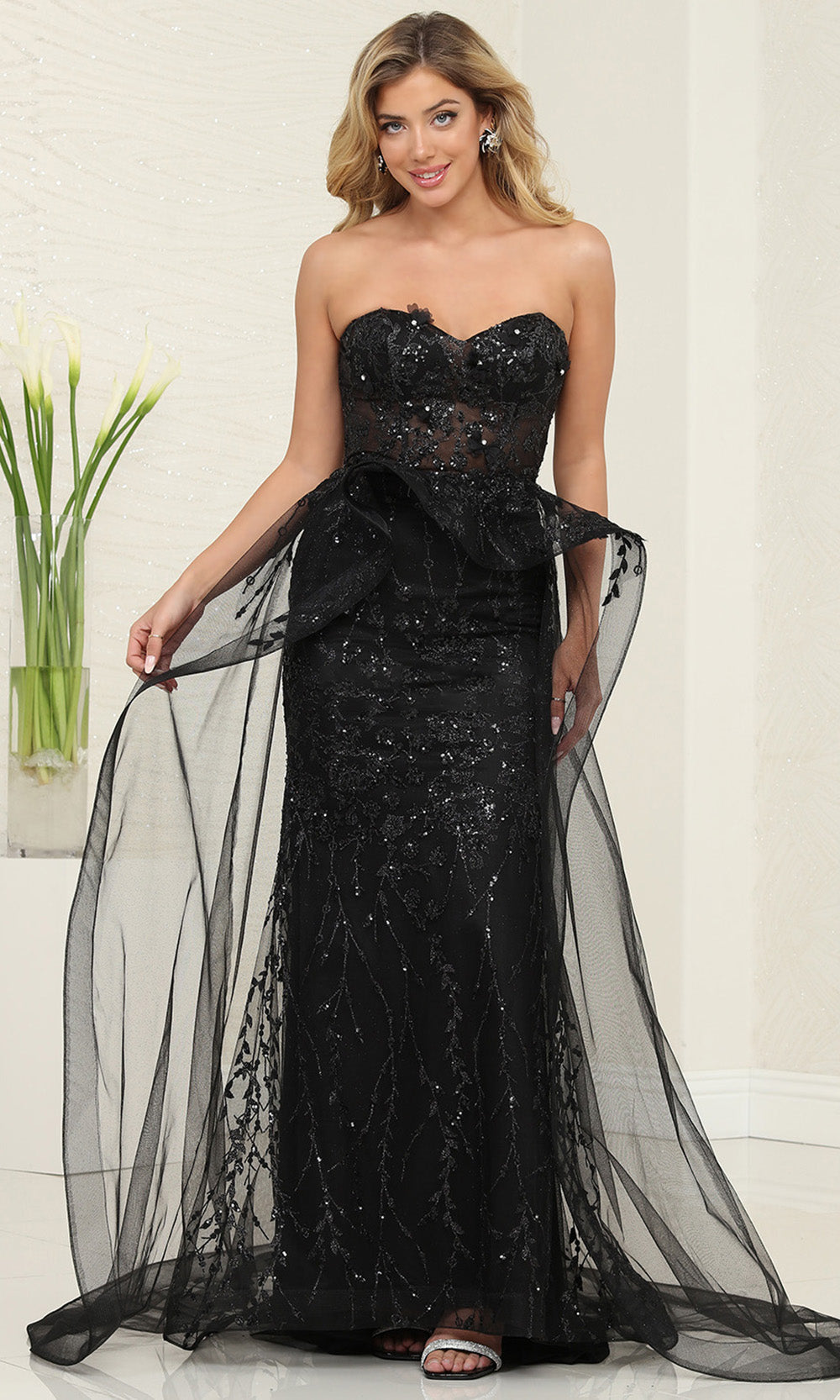 May Queen RQ8116 - Ruffled Peplum Strapless Overskirt Prom Gown