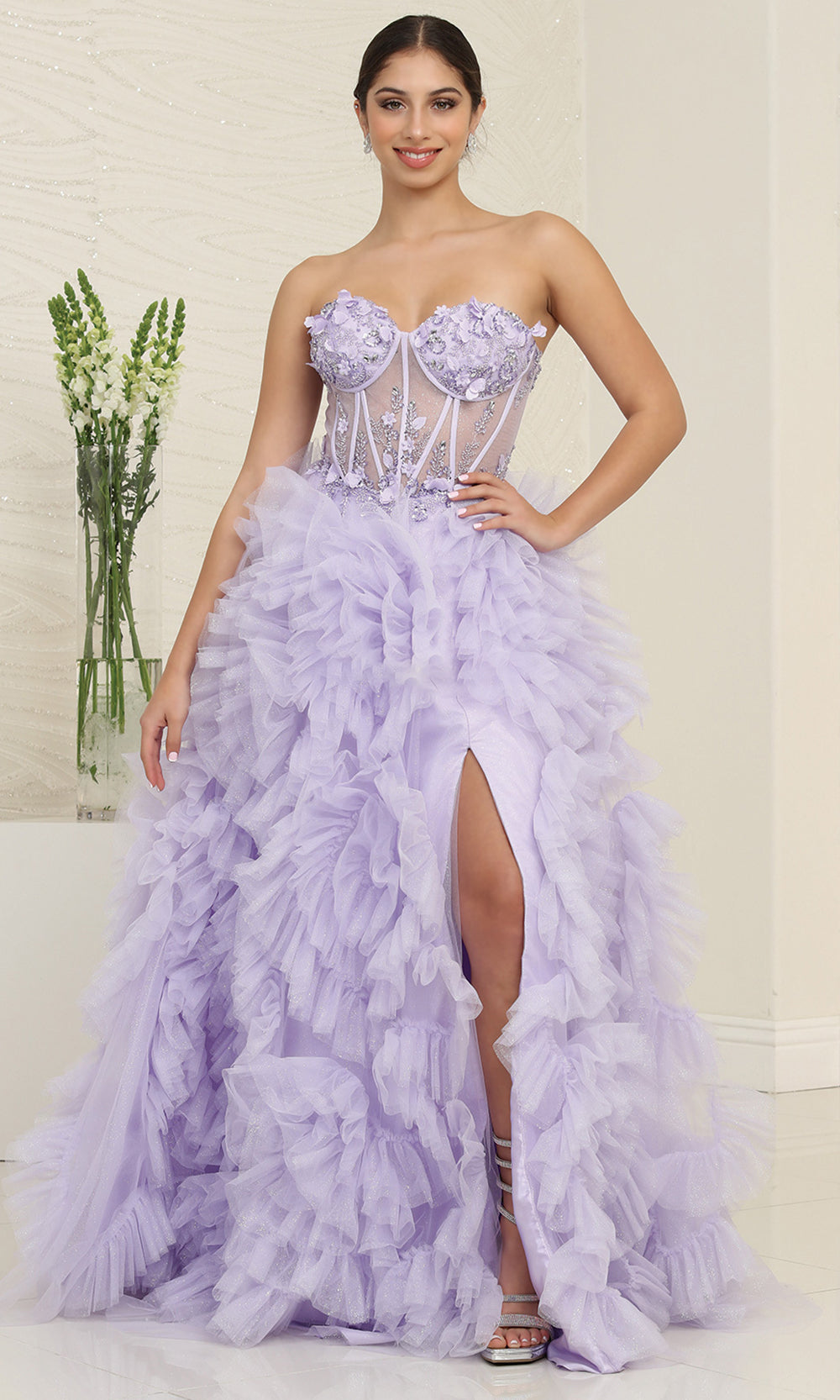 May Queen RQ8129 - Ruffle Skirt Strapless Prom Gown with 3D Floral