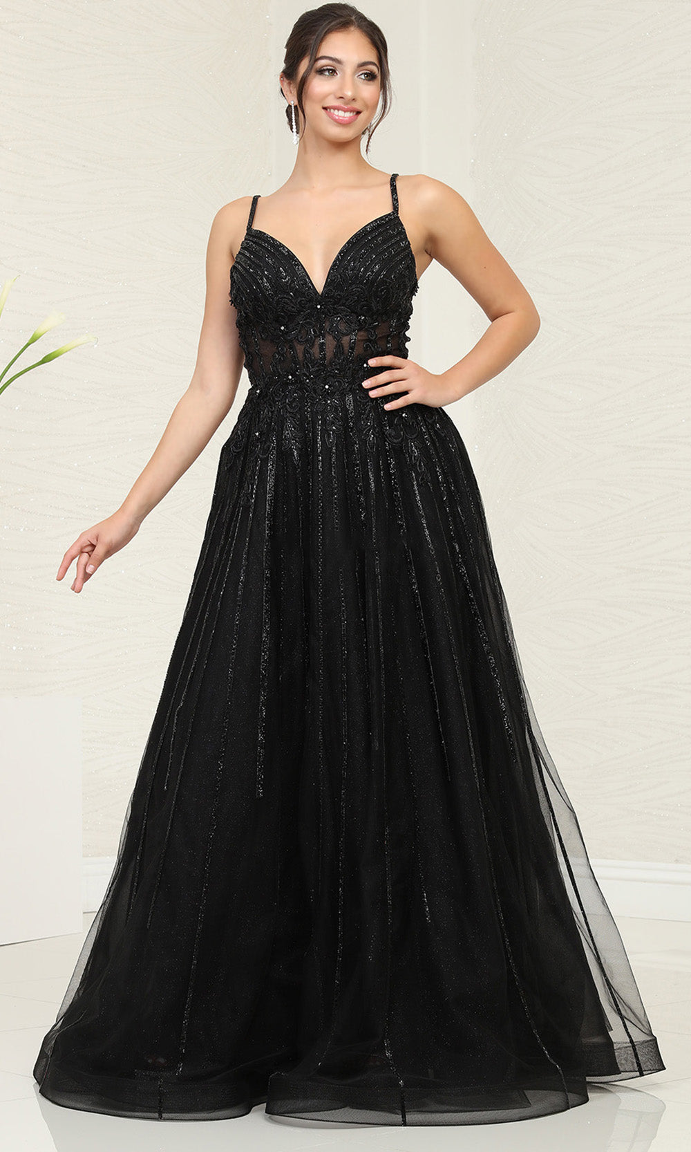 May Queen RQ8143 - Sleeveless Deep V-Neckline Long Embellished Gown