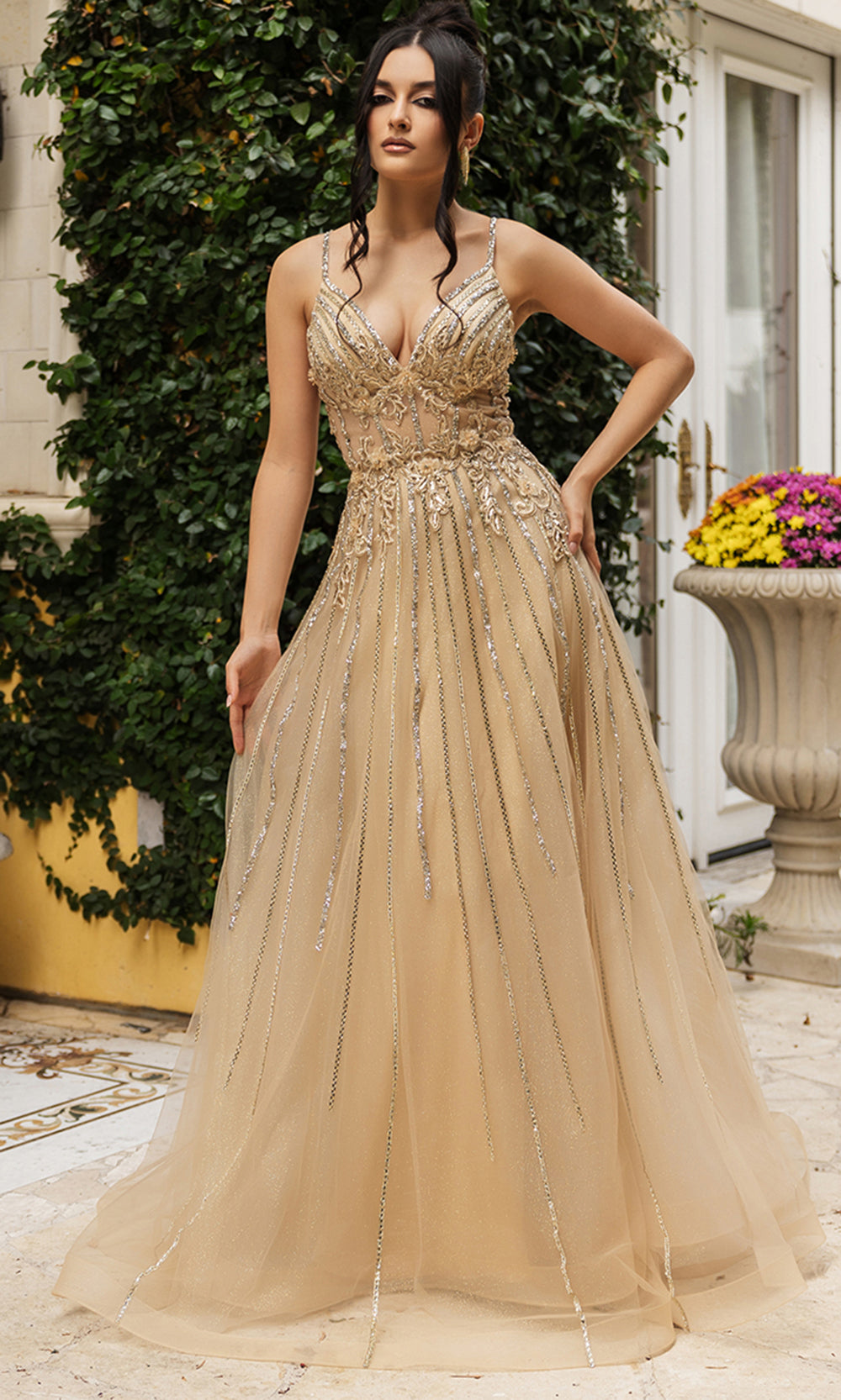 May Queen RQ8143 - Sleeveless Deep V-Neckline Long Embellished Gown
