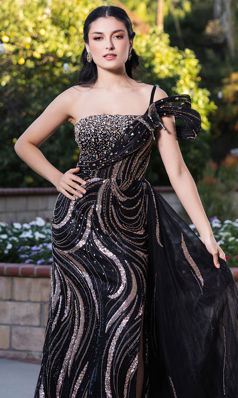 May Queen RQ8192 - Asymmetrical Evening Gown with Side Overskirt Prom Dresses