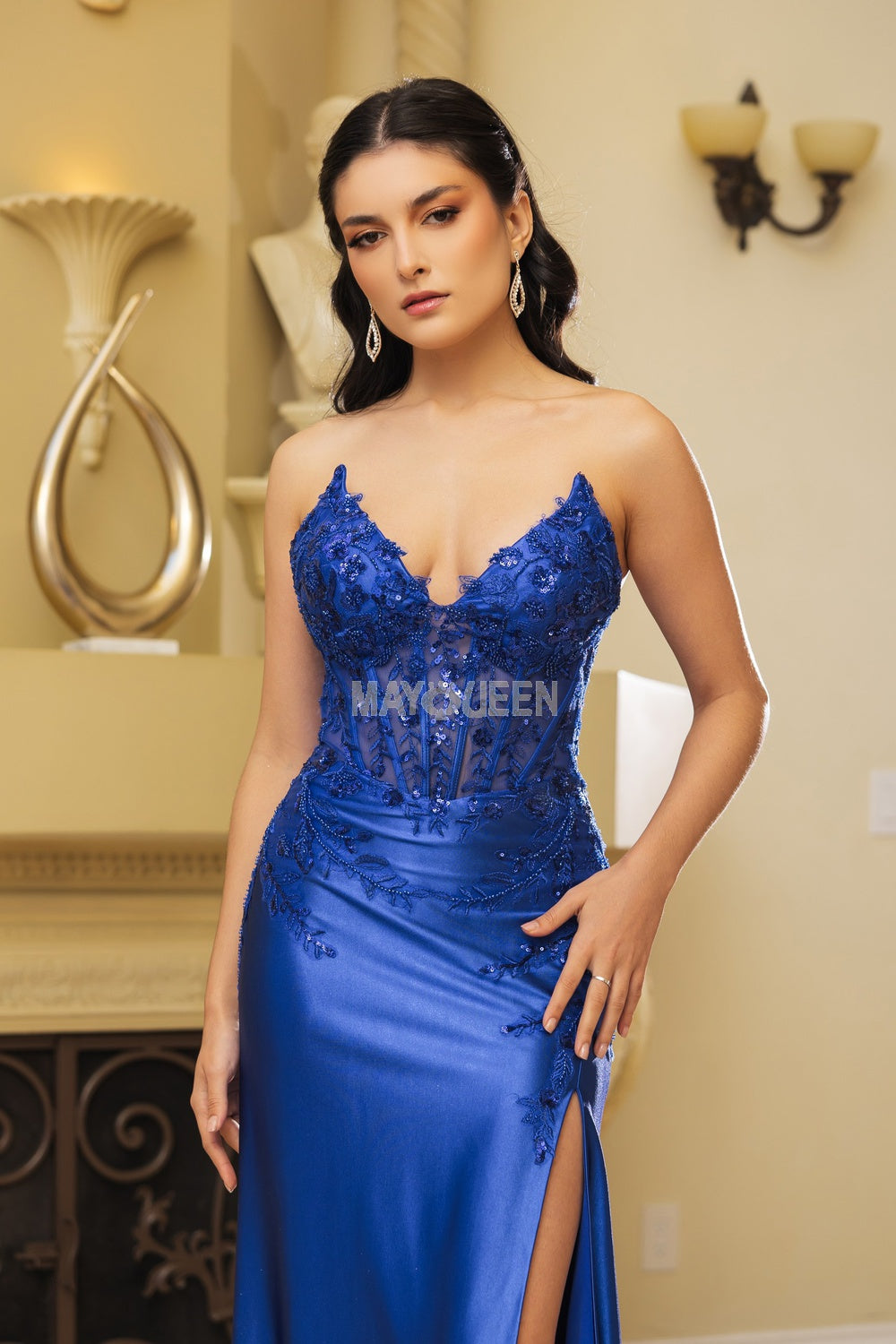May Queen RQ8199 - Peak V Neck High Slit Gown