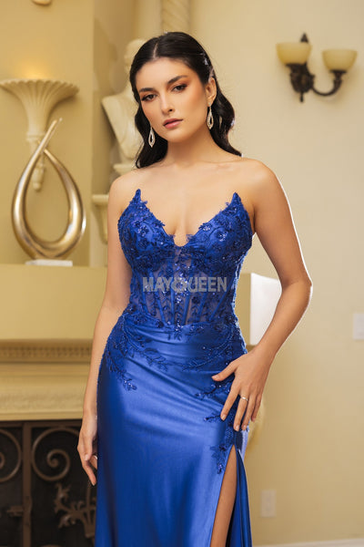 May Queen RQ8199 - Peak V Neck High Slit Gown ADASA May Queen RQ8199 - Peak V Neck High Slit Gown ADASA