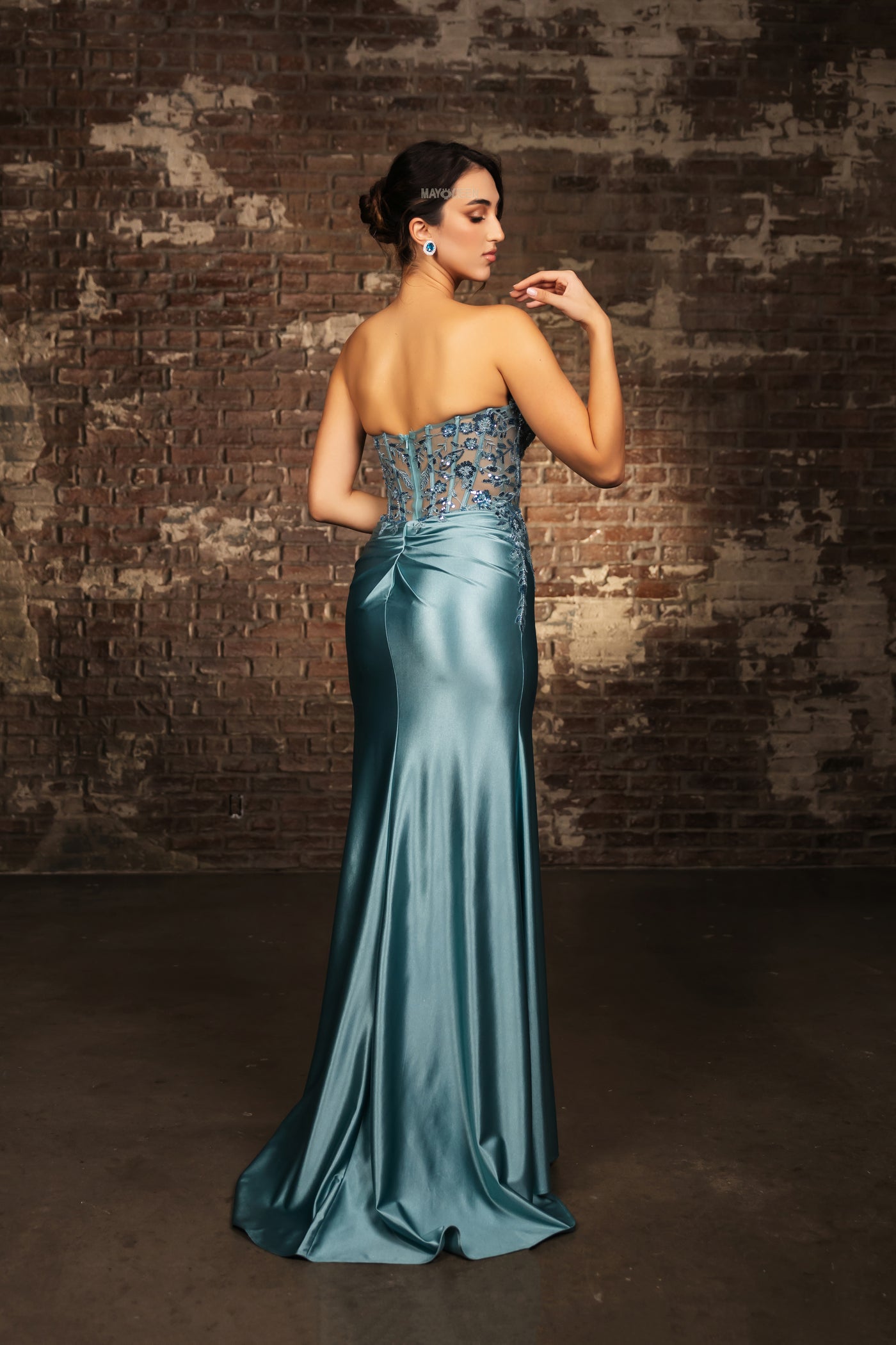 May Queen RQ8199 - Peak V Neck High Slit Gown
