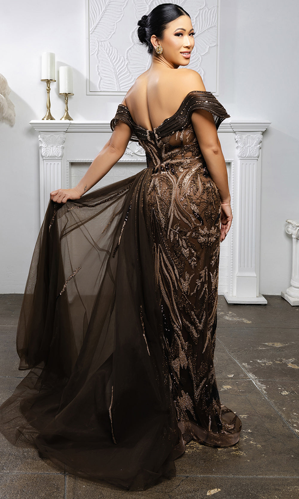 May Queen RQ8204 - Dramatic Overskirt Fully Beaded Sheath Gown
