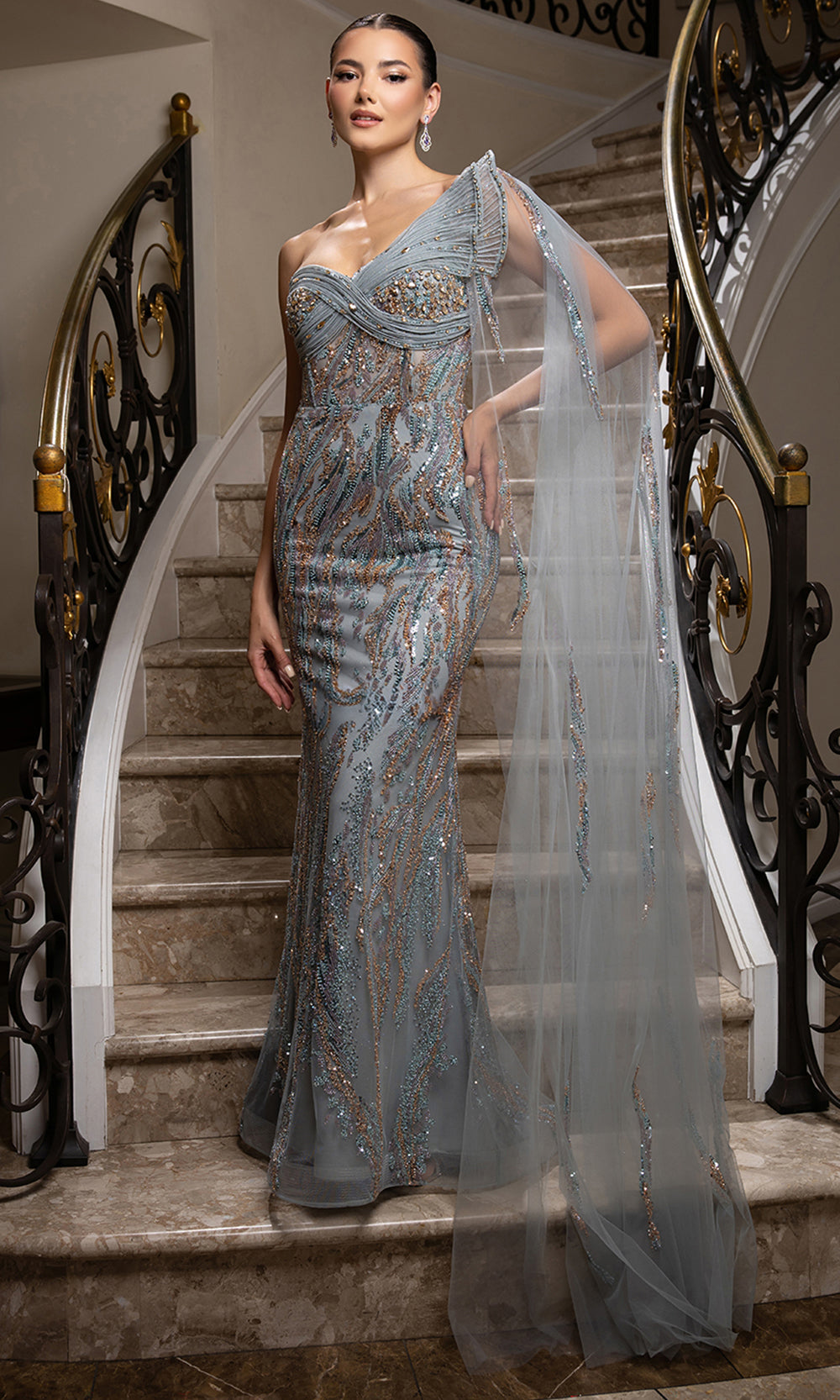 May Queen RQ8205 - Fully Beaded Asymmetric Gown with Cape Prom Dresses