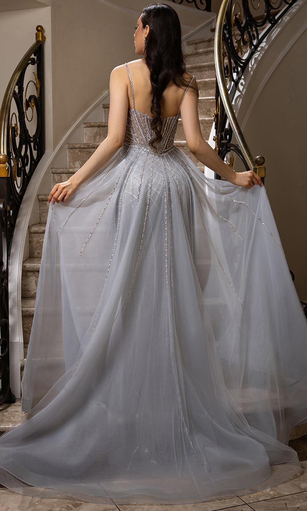 May Queen RQ8208 - Detachable Overskirt Plunging V-Neckline Gown Prom Dresses