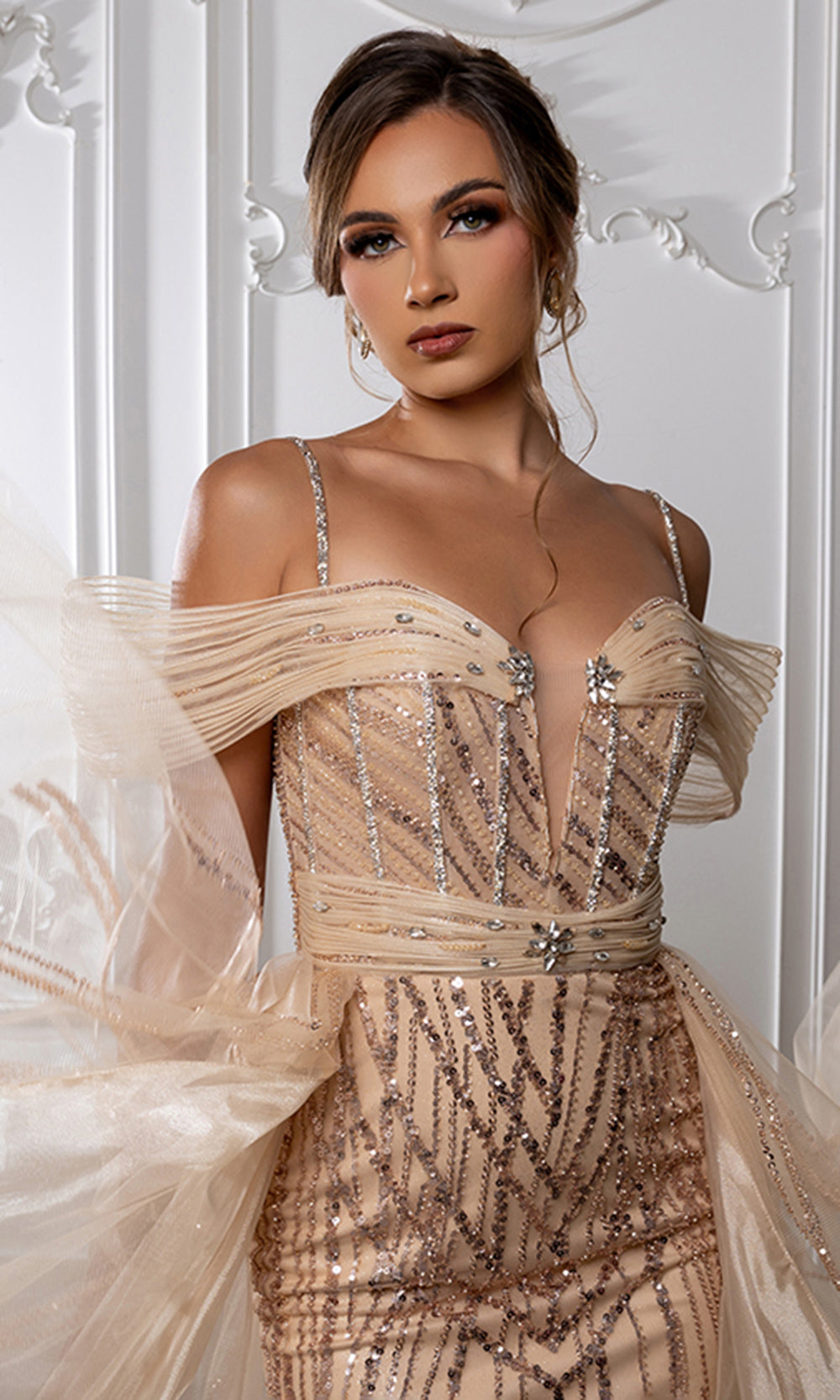 May Queen RQ8224 - Draped Sleeve Beaded Overskirt Evening Gown