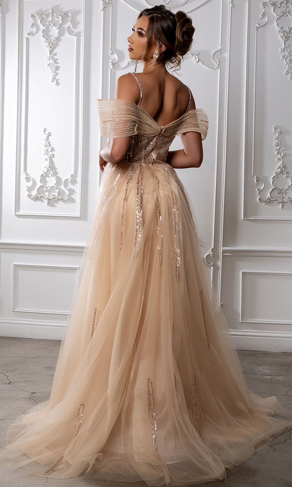 May Queen RQ8224 - Draped Sleeve Beaded Overskirt Evening Gown
