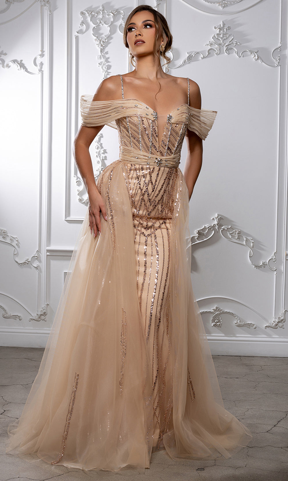 May Queen RQ8224 - Draped Sleeve Beaded Overskirt Evening Gown