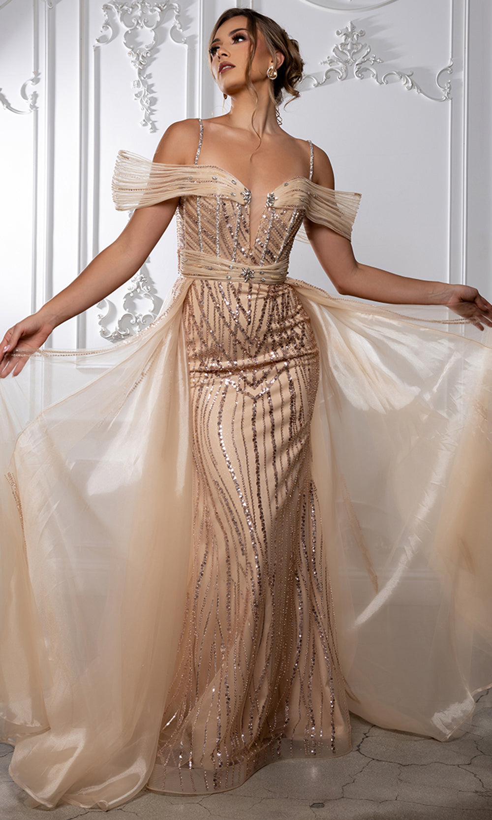 May Queen RQ8224 - Draped Sleeve Beaded Overskirt Evening Gown
