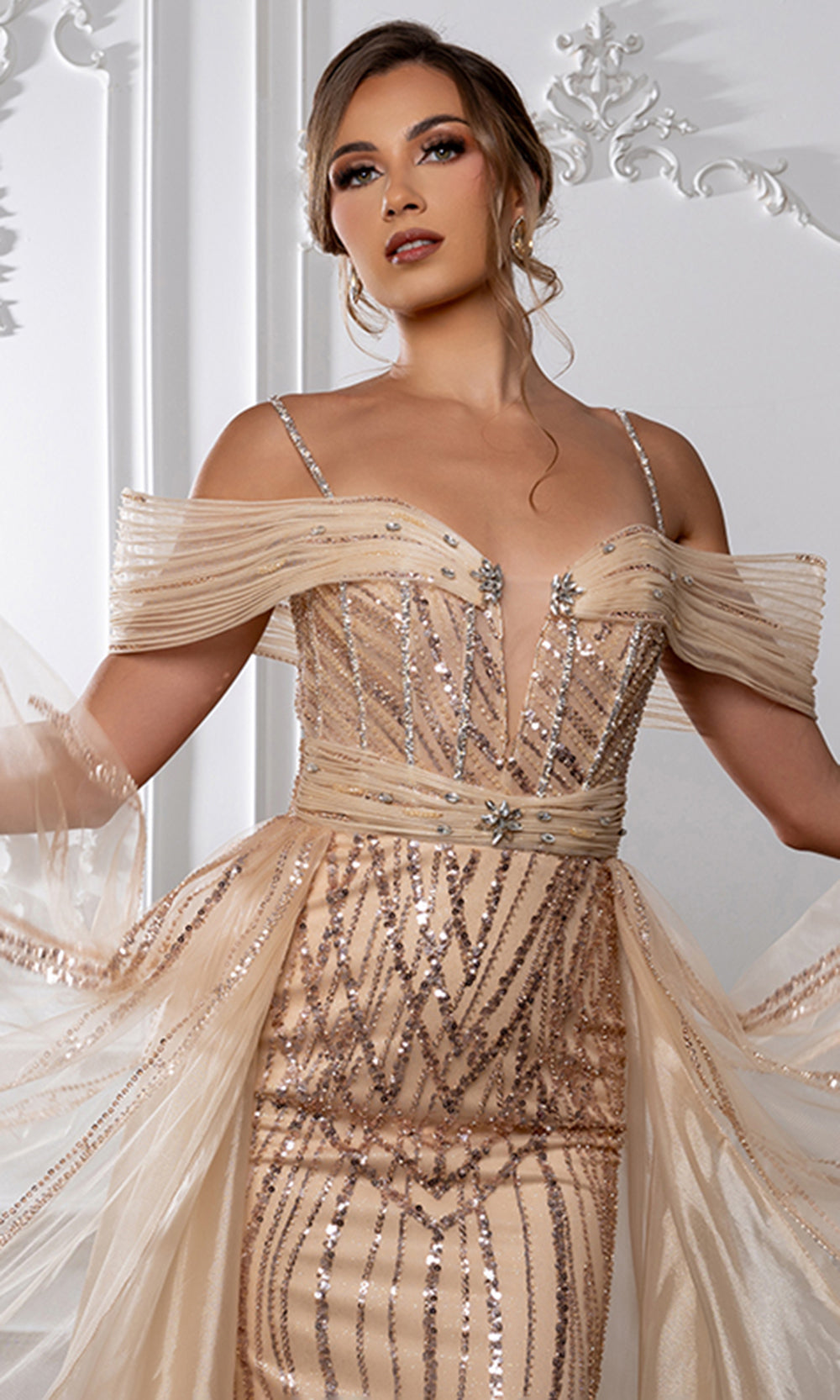 May Queen RQ8224 - Draped Sleeve Beaded Overskirt Evening Gown