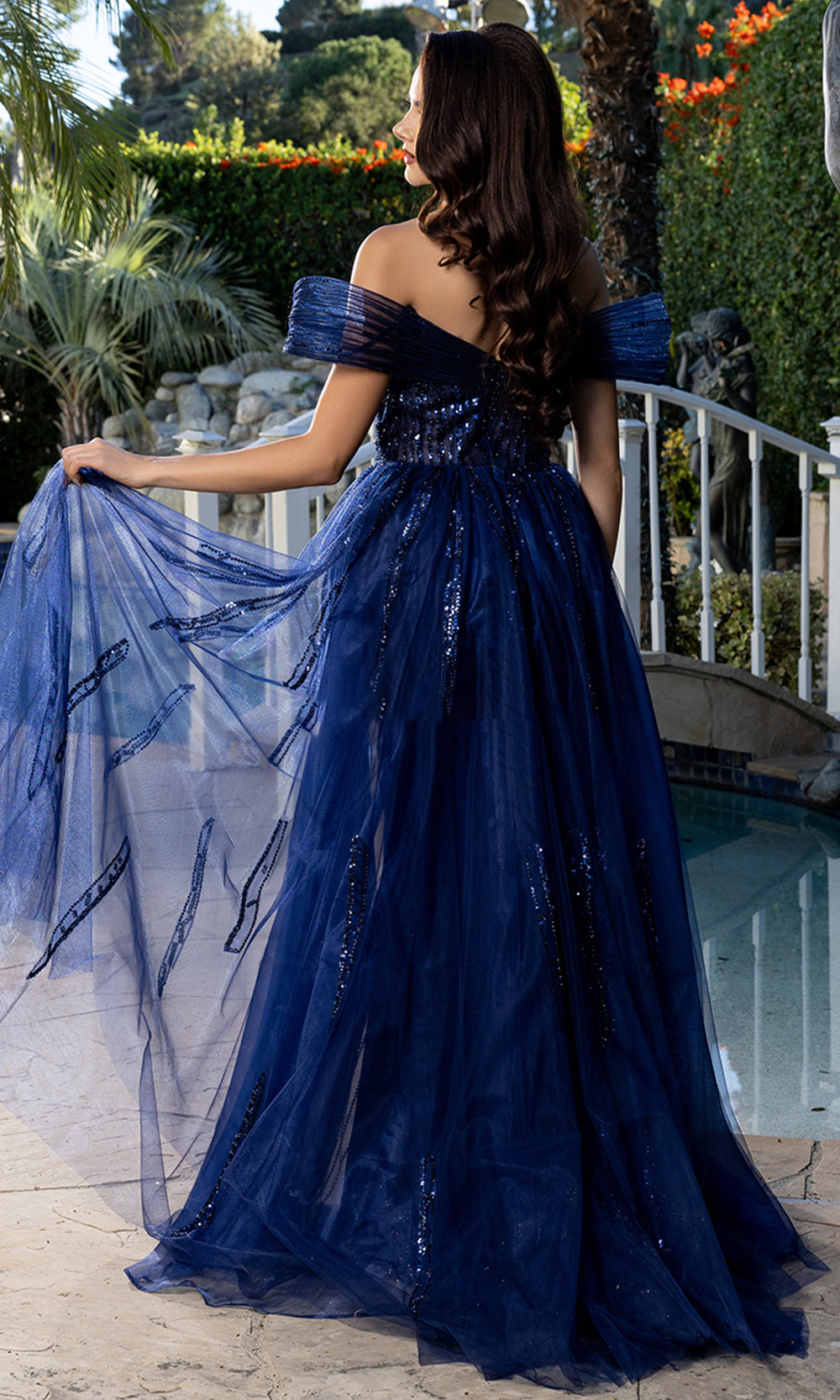 May Queen RQ8224 - Draped Sleeve Beaded Overskirt Evening Gown