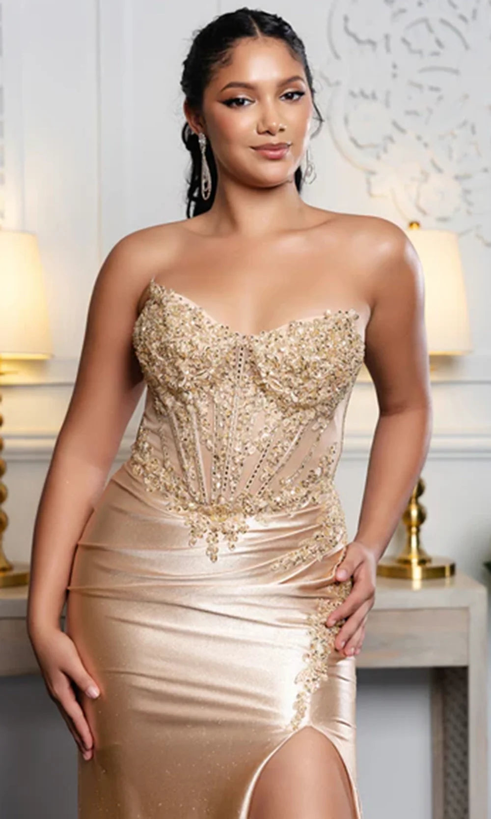 May Queen RQ8232 - Lace-Up Back Embellished Corset Prom Gown