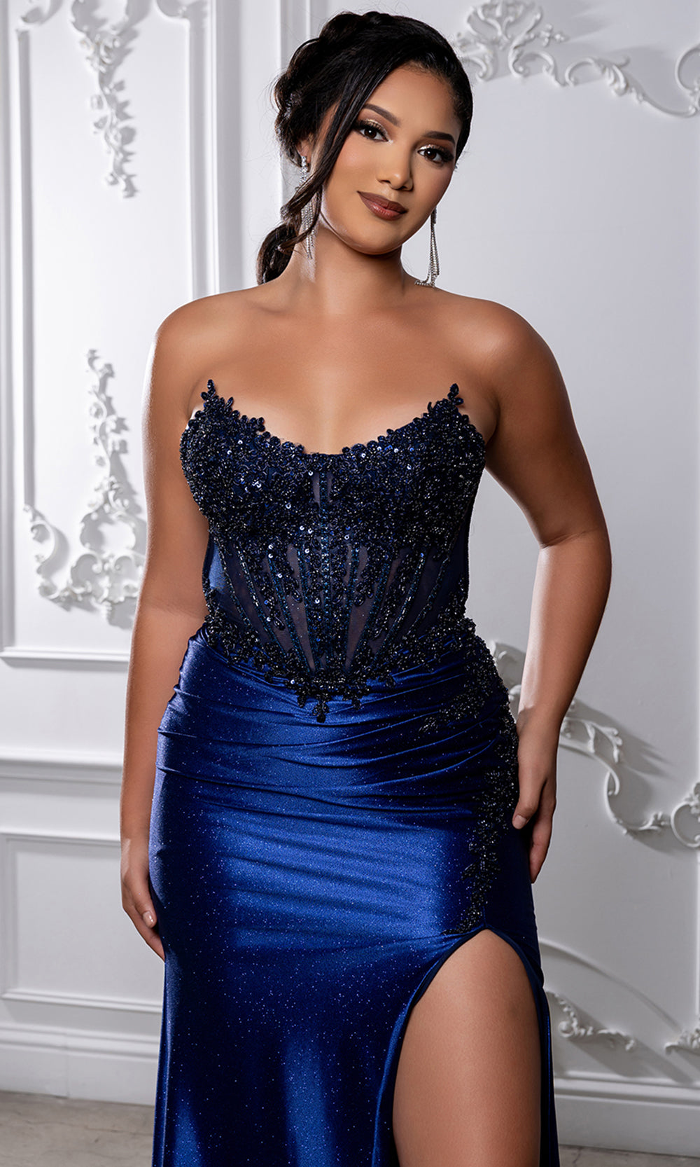 May Queen RQ8232 - Lace-Up Back Embellished Corset Prom Gown