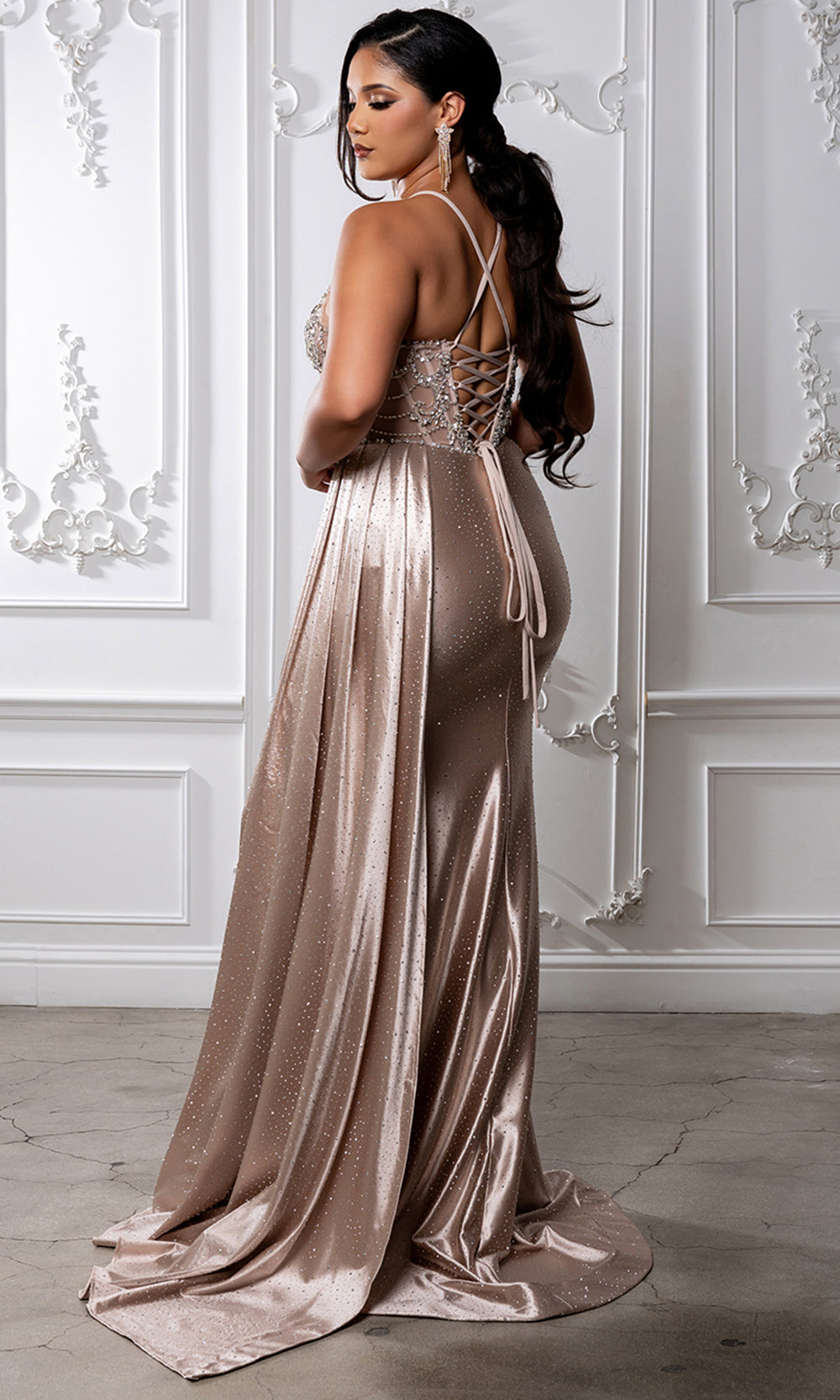 May Queen RQ8244 - Beaded Applique Sheath Gown with Side Draped