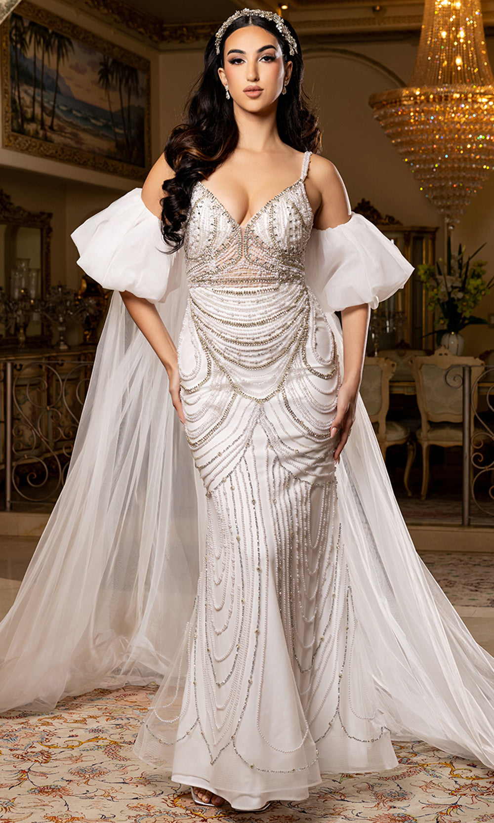 May Queen Bridal RQ8251 - Puff Sleeve Cape Embellished Gown