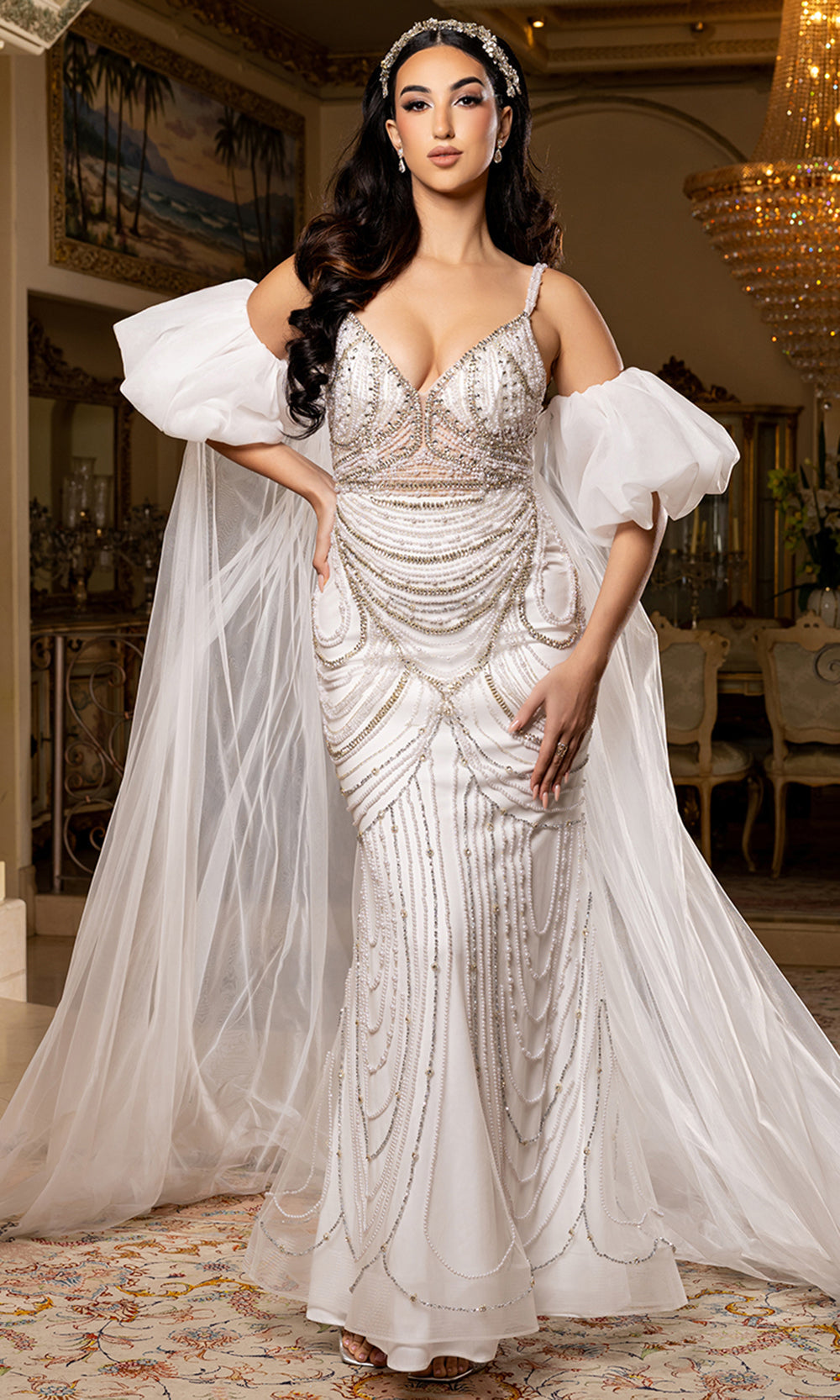 May Queen Bridal RQ8251 - Puff Sleeve Cape Embellished Gown