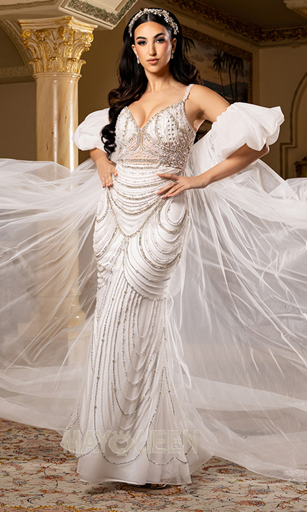 May Queen Bridal RQ8251 - Puff Sleeve Cape Embellished Gown