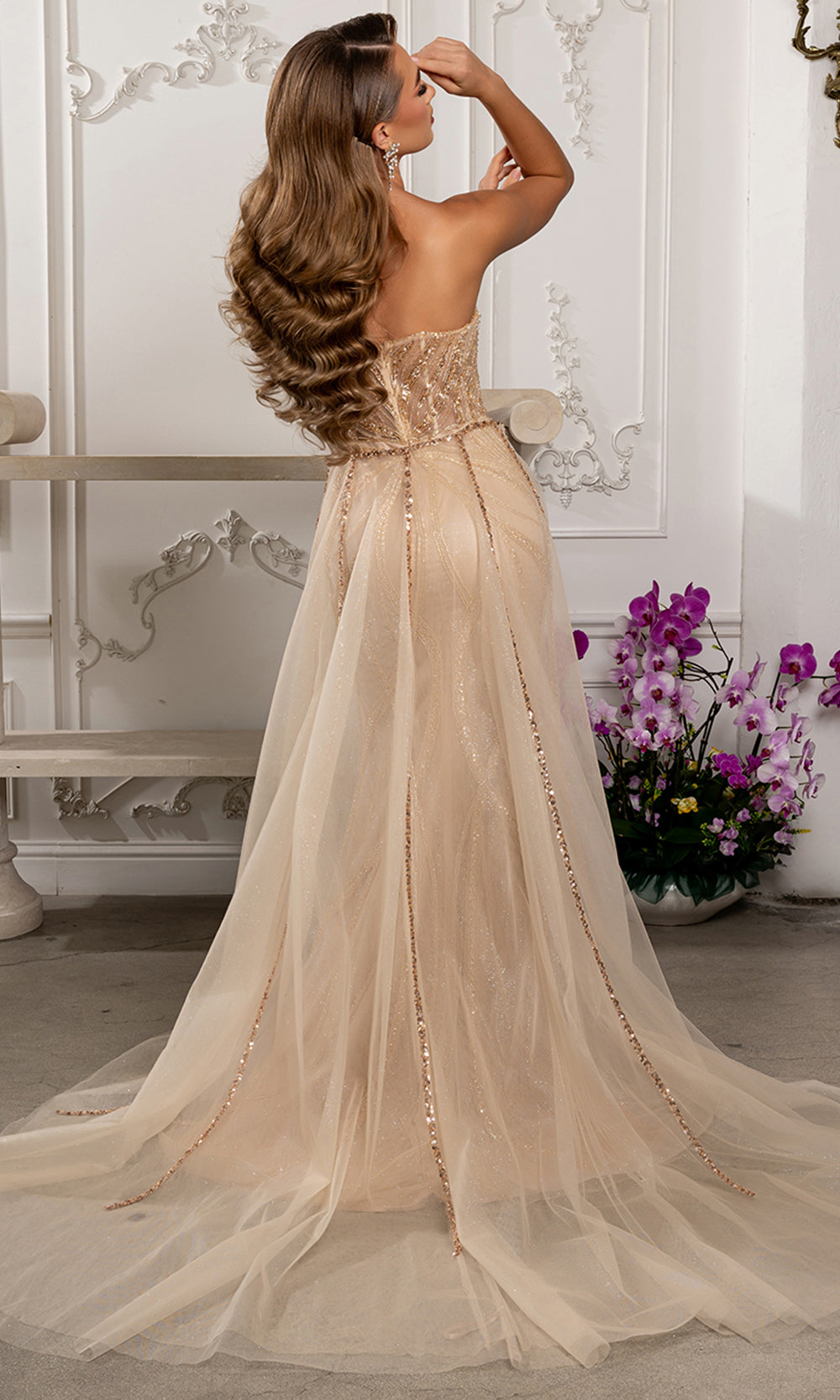 May Queen RQ8253 - Sparkling Strapless Fitted Gown with Overskirt