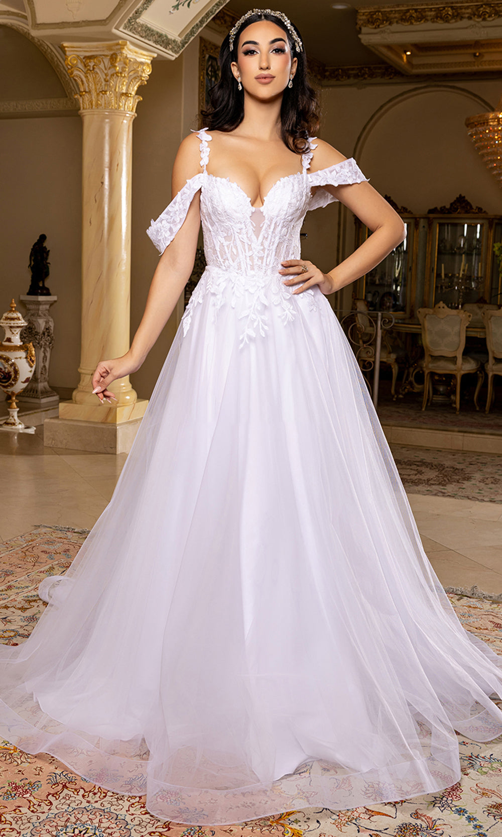 May Queen Bridal RQ8272 - Plunging Neck A-Line Long Gown with Appliques