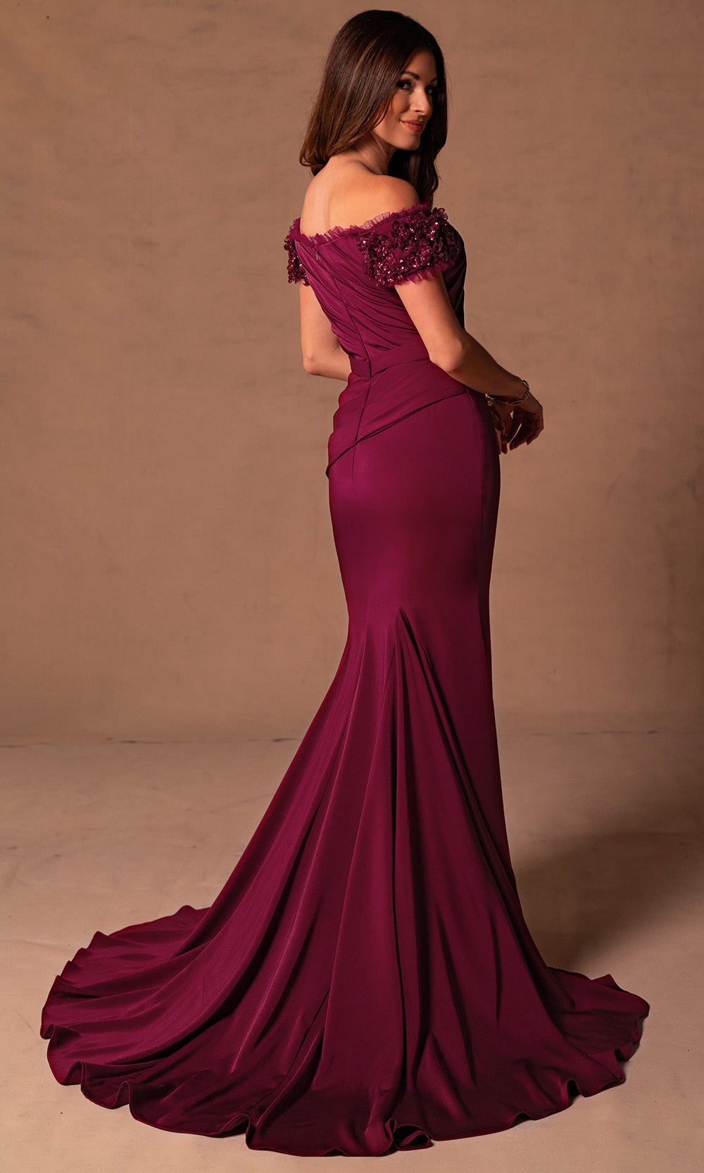 Rachel Allan RB8180 - Pleated Off Shoulder Gown with Floral Sleeves Mother of the Bride Dresses