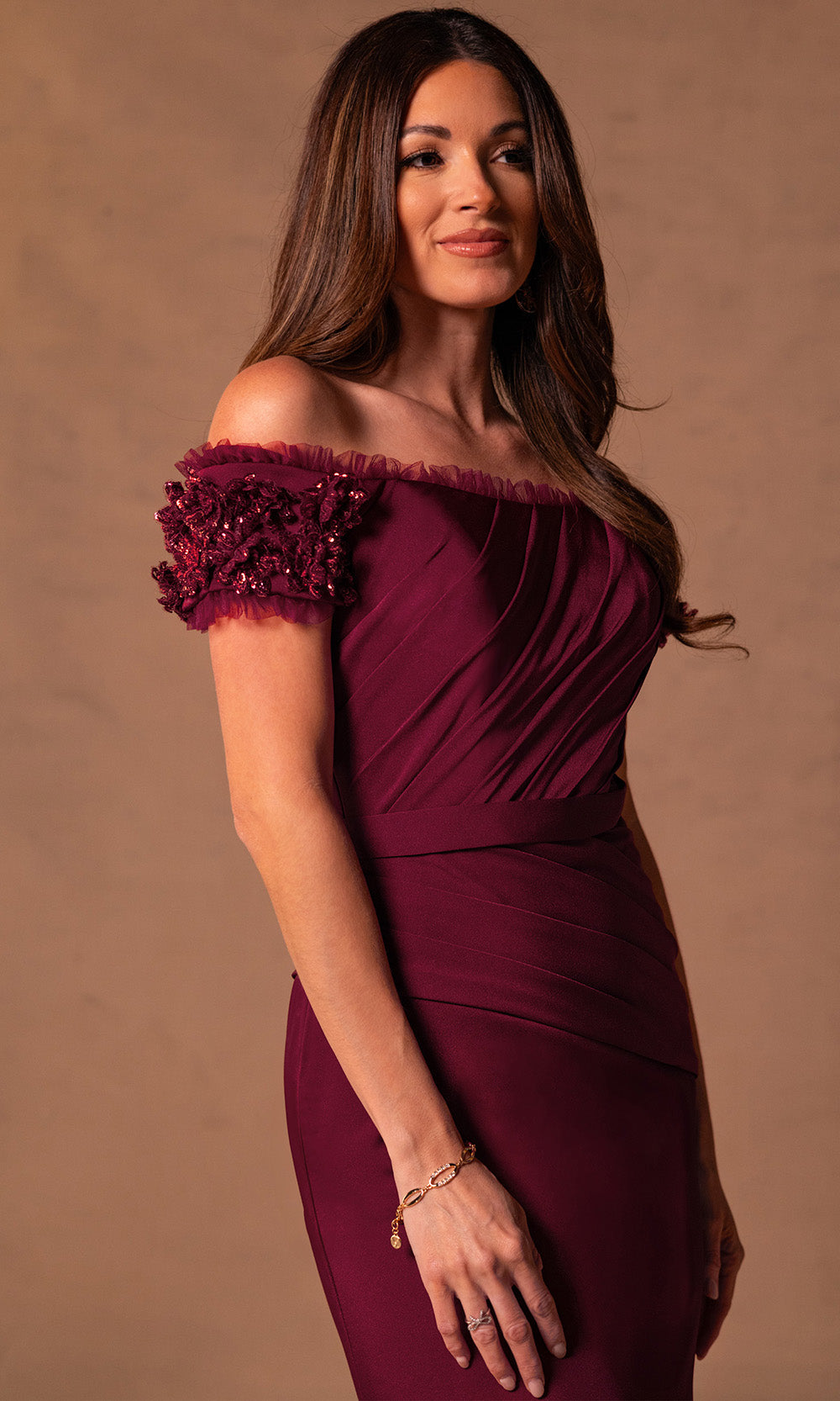Rachel Allan RB8180 - Pleated Off Shoulder Gown with Floral Sleeves Mother of the Bride Dresses