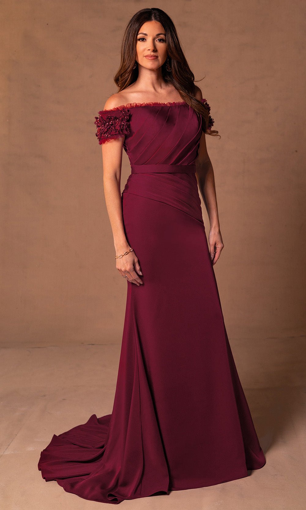 Rachel Allan RB8180 - Pleated Off Shoulder Gown with Floral Sleeves Mother of the Bride Dresses