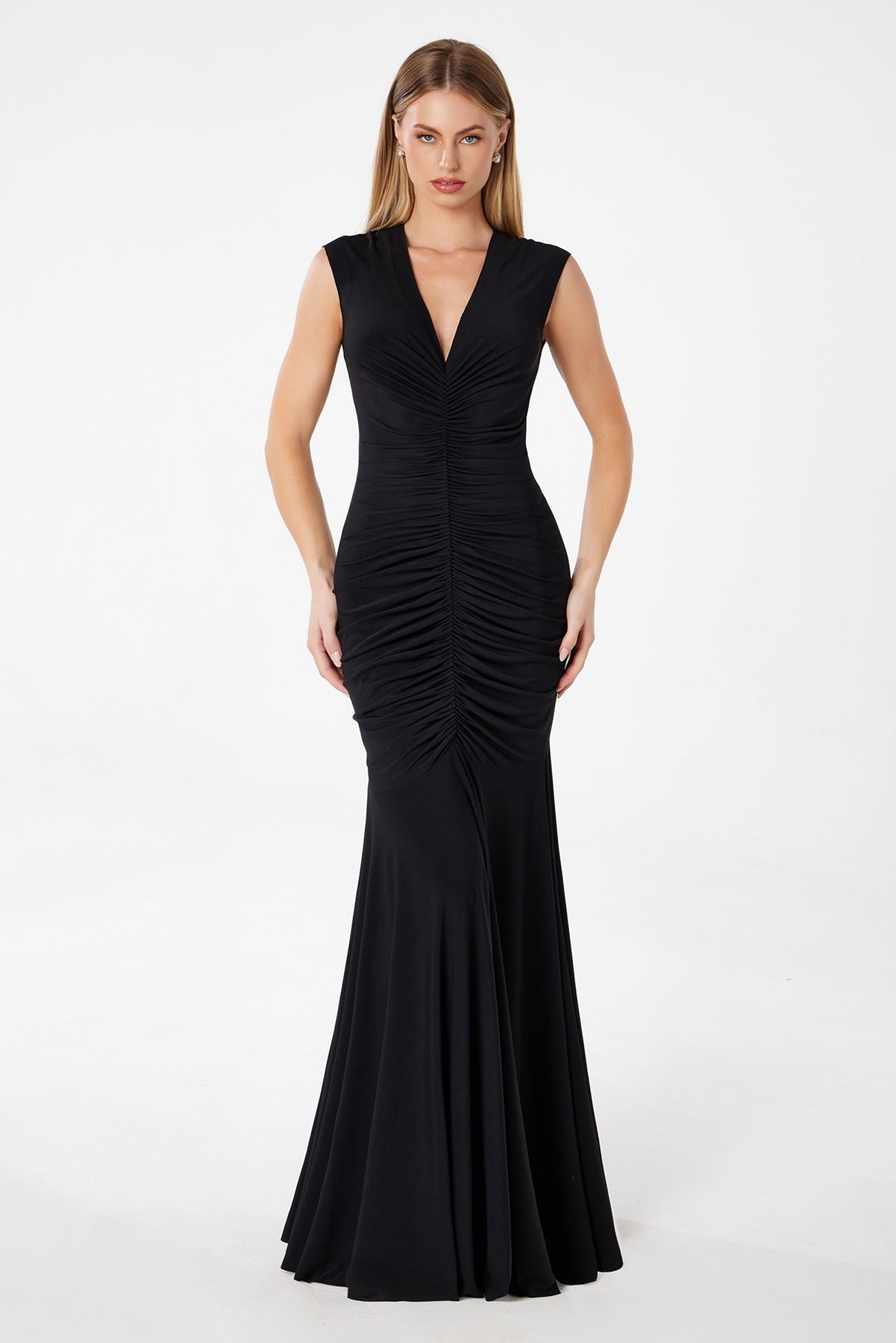Ladivine T2009 - V Neck Ruched Long Gown