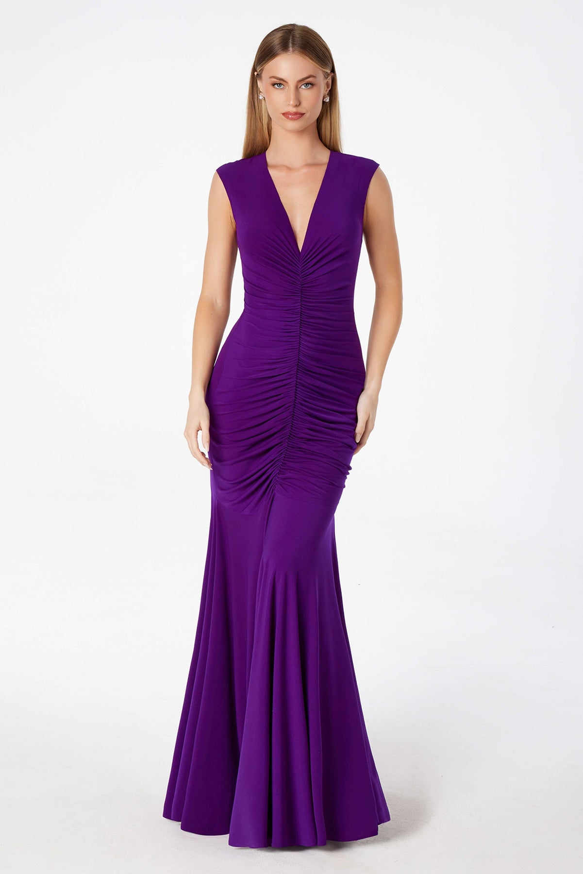 Ladivine T2009 - V Neck Ruched Long Gown