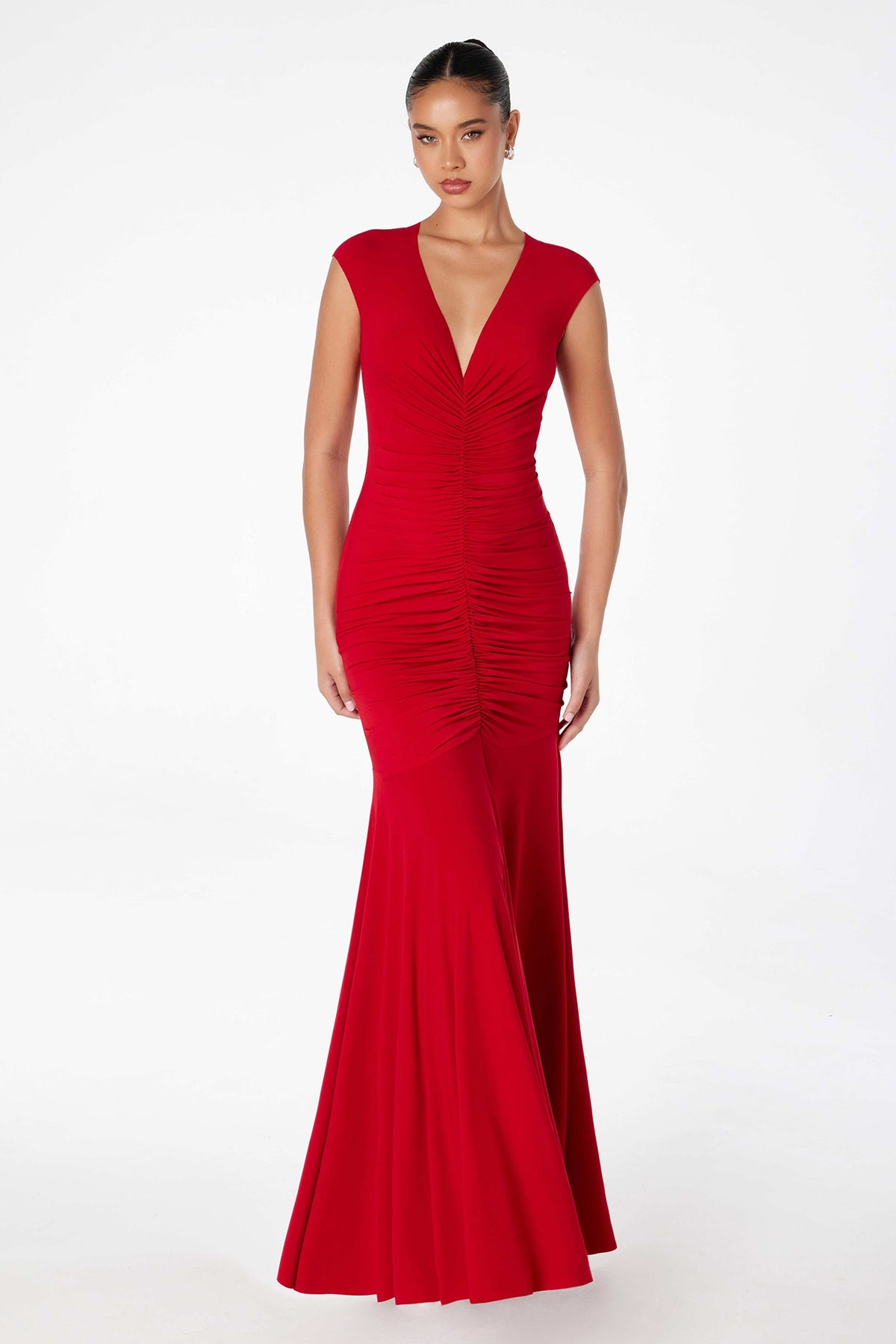 Ladivine T2009 - V Neck Ruched Long Gown