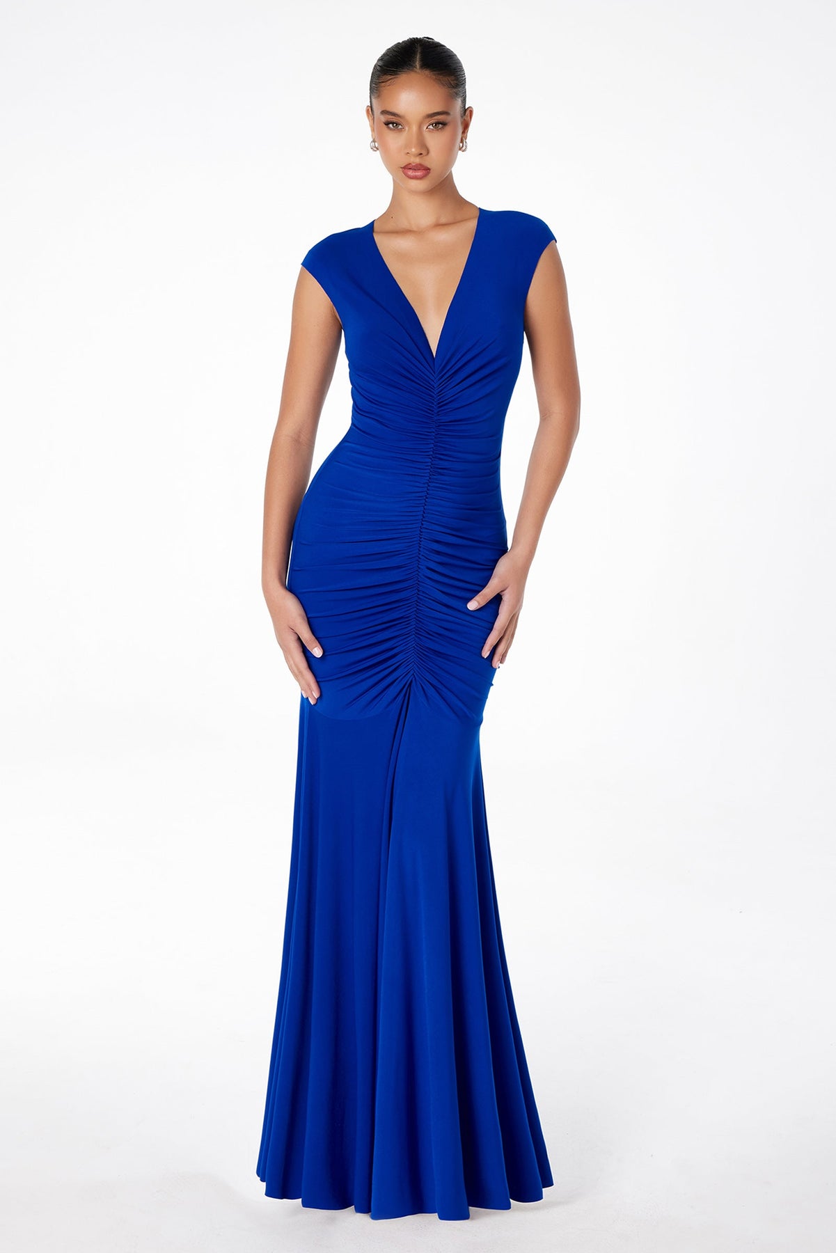 Ladivine T2009 - V Neck Ruched Long Gown