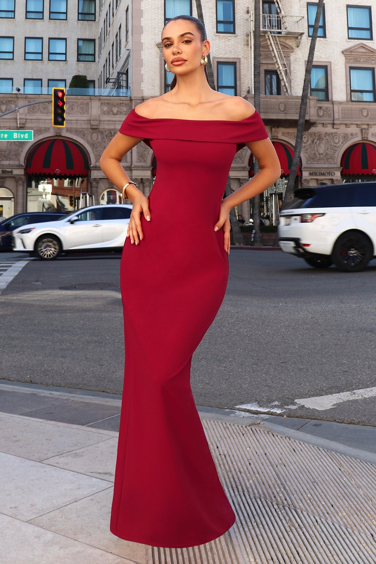 Ladivine T2011 - Off Shoulder Fitted Crepe Gown