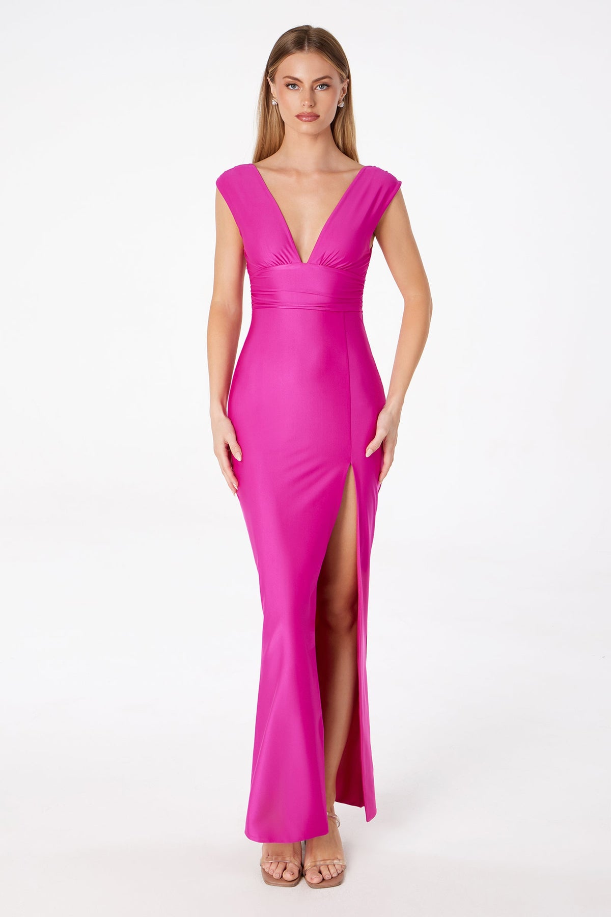Ladivine T5000 - V Neck High Slit Form Fitting Dress