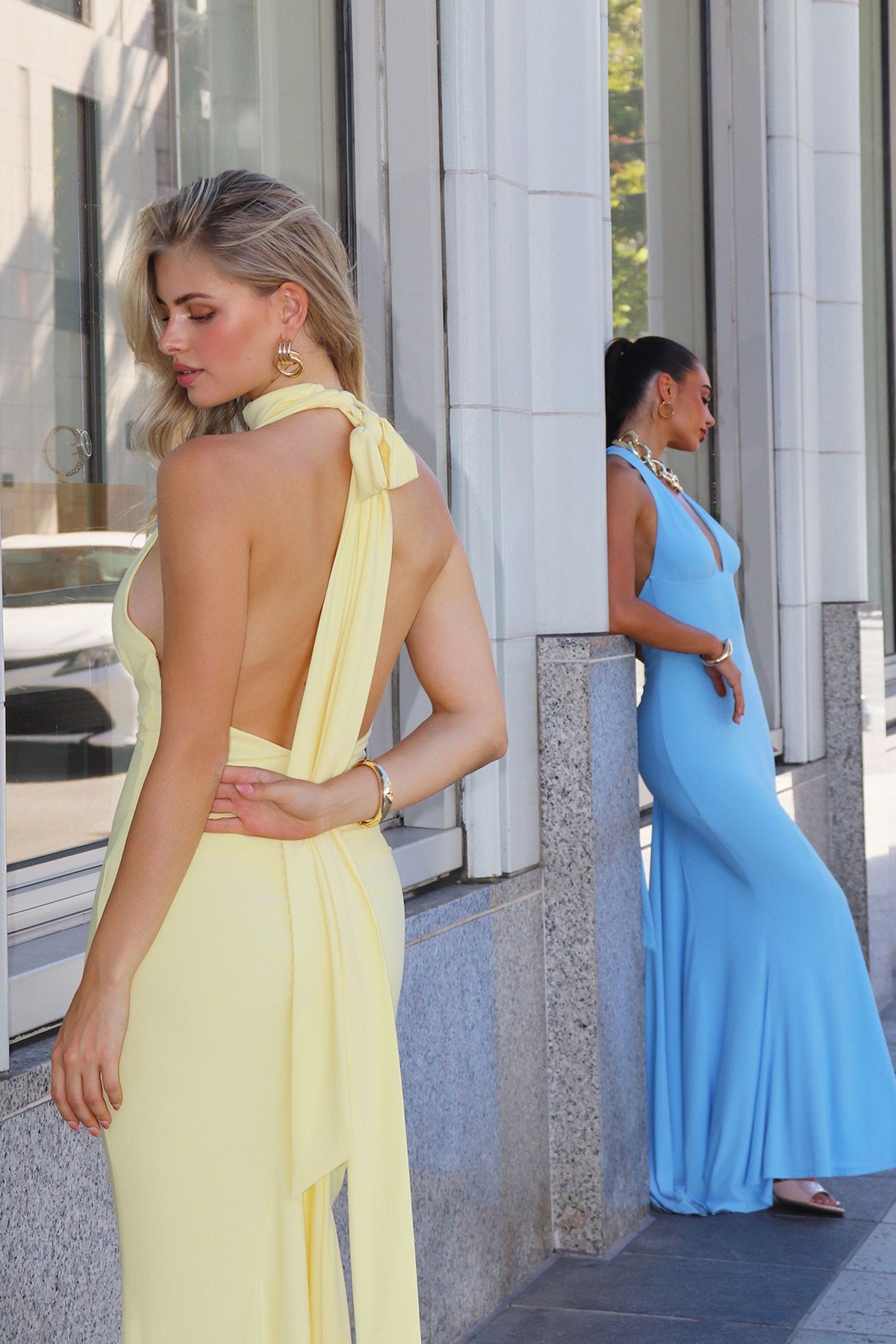 Ladivine T505 - Deep V Neck Halter Fitted Long Dress