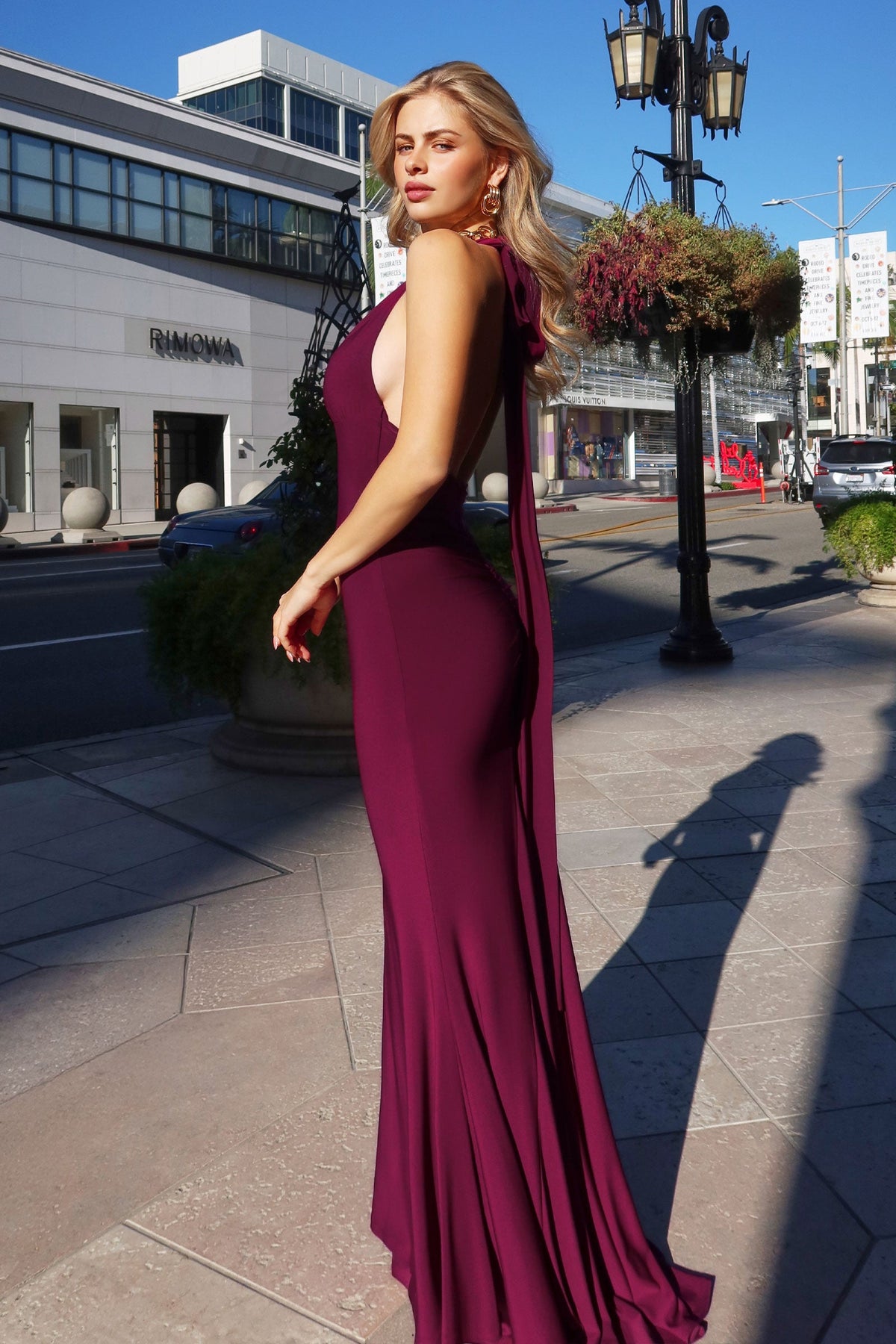 Ladivine T505 - Deep V Neck Halter Fitted Long Dress