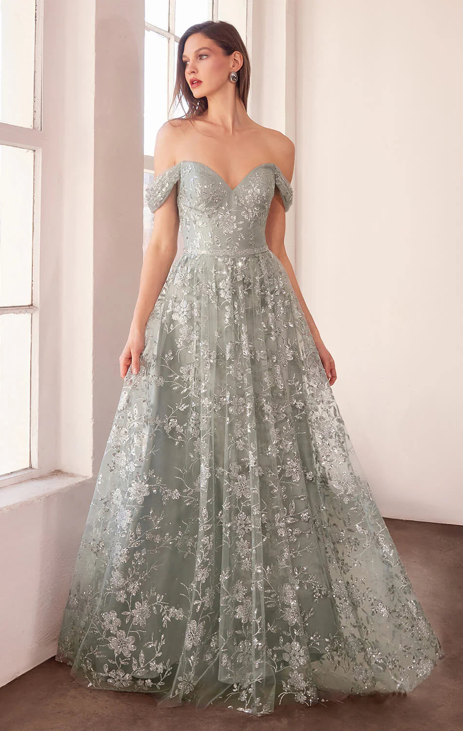 Amoris by Ladivine T607 - Glitter Sequin Off-Shoulder A-Line Gown