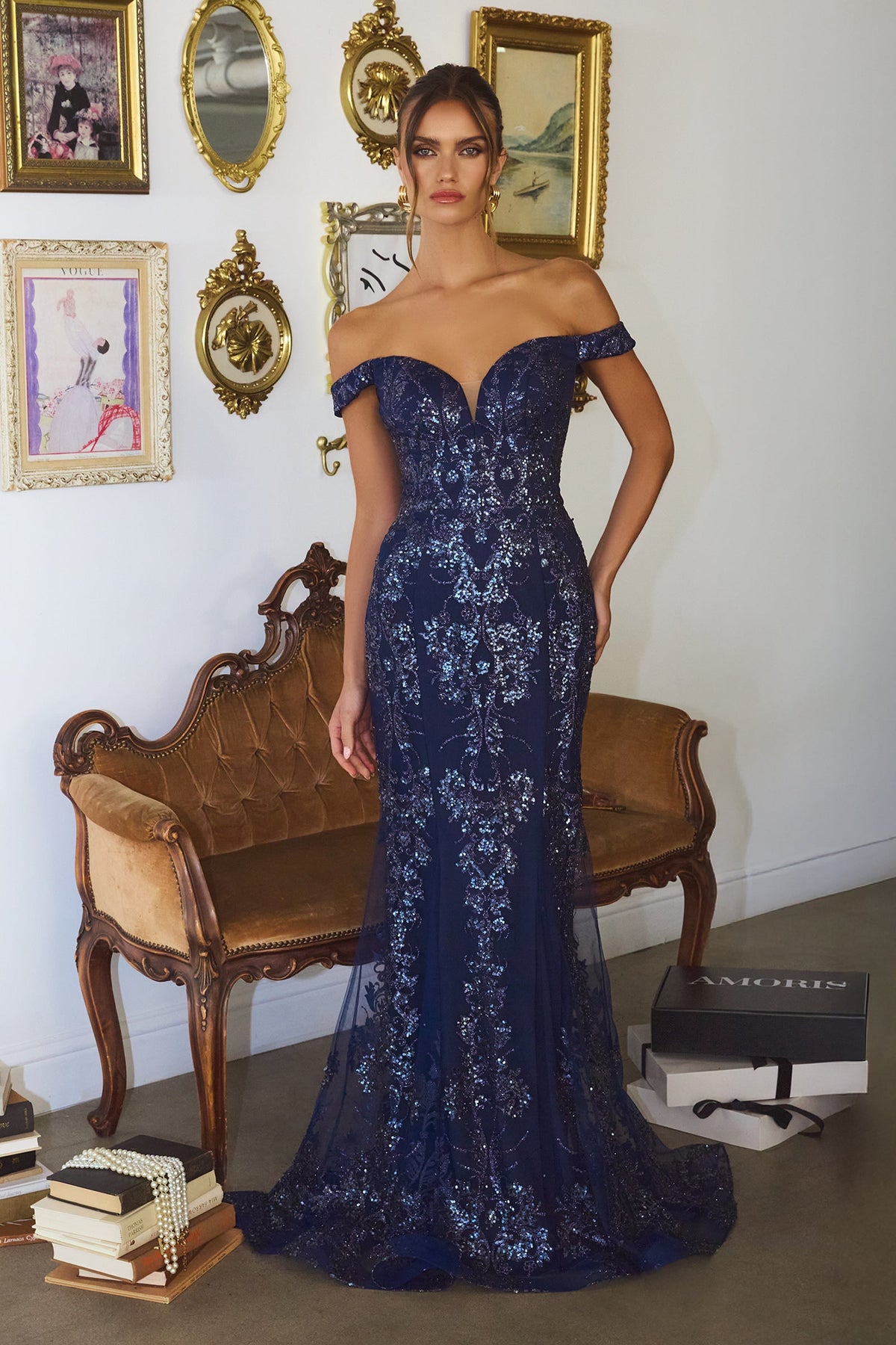 Amoris by Ladivine T613 - Sequin Lace Off-the-Shoulder Gown In Blue