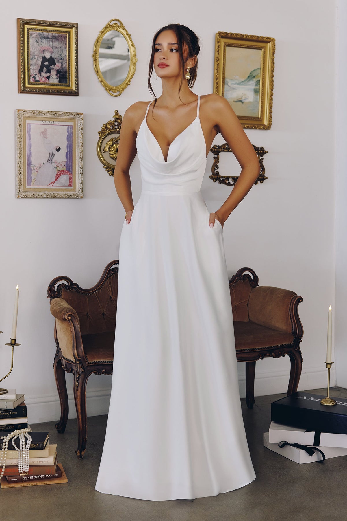 Amoris by Ladivine T714W - Satin Cowl A-Line Bridal Gown Bridal Dresses in Off White