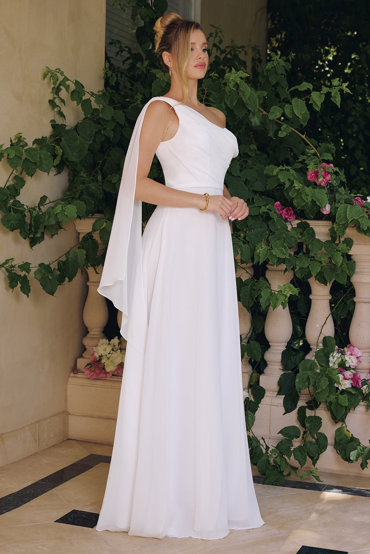 Amoris by Ladivine T716W - One Shoulder Chiffon Bridal Gown Bridal Dresses in Off White