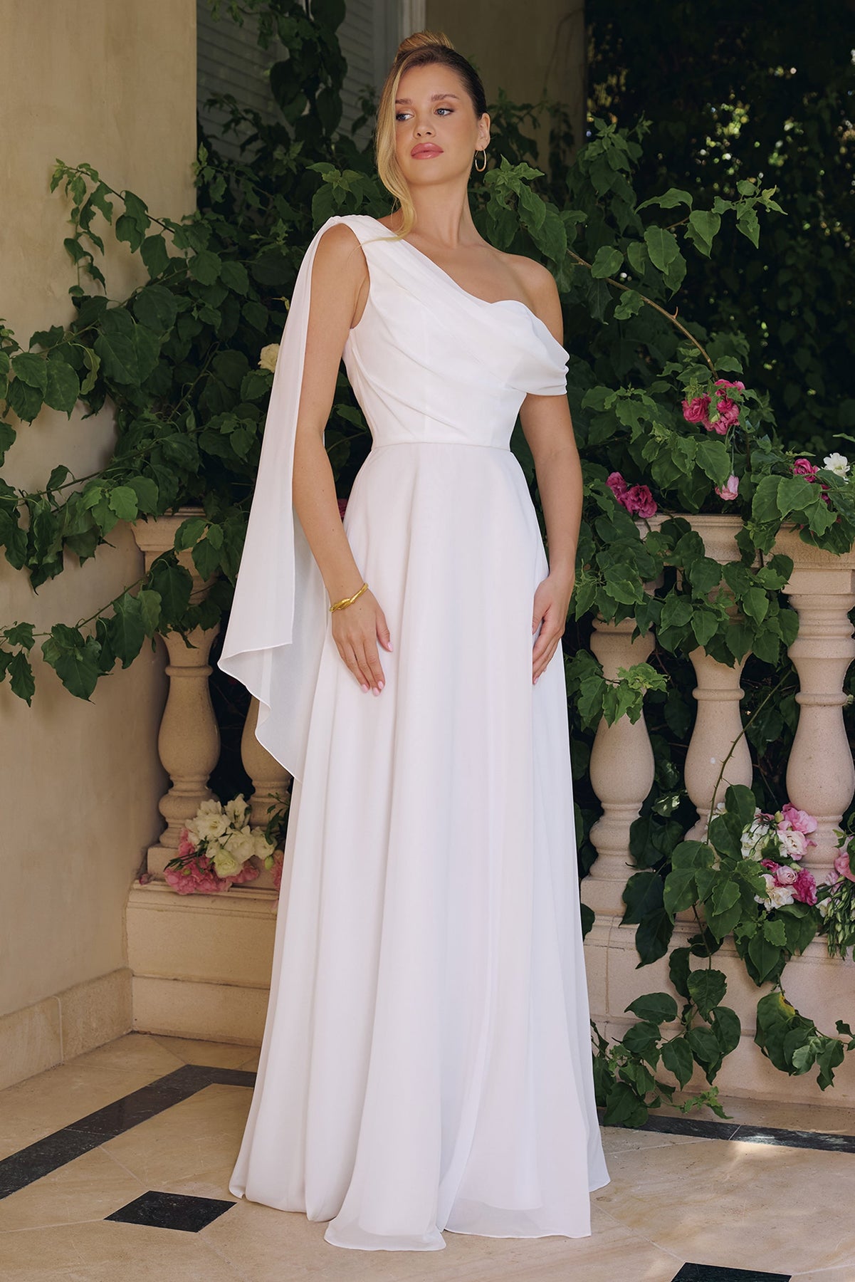Amoris by Ladivine T716W - One Shoulder Chiffon Bridal Gown Bridal Dresses in Off White