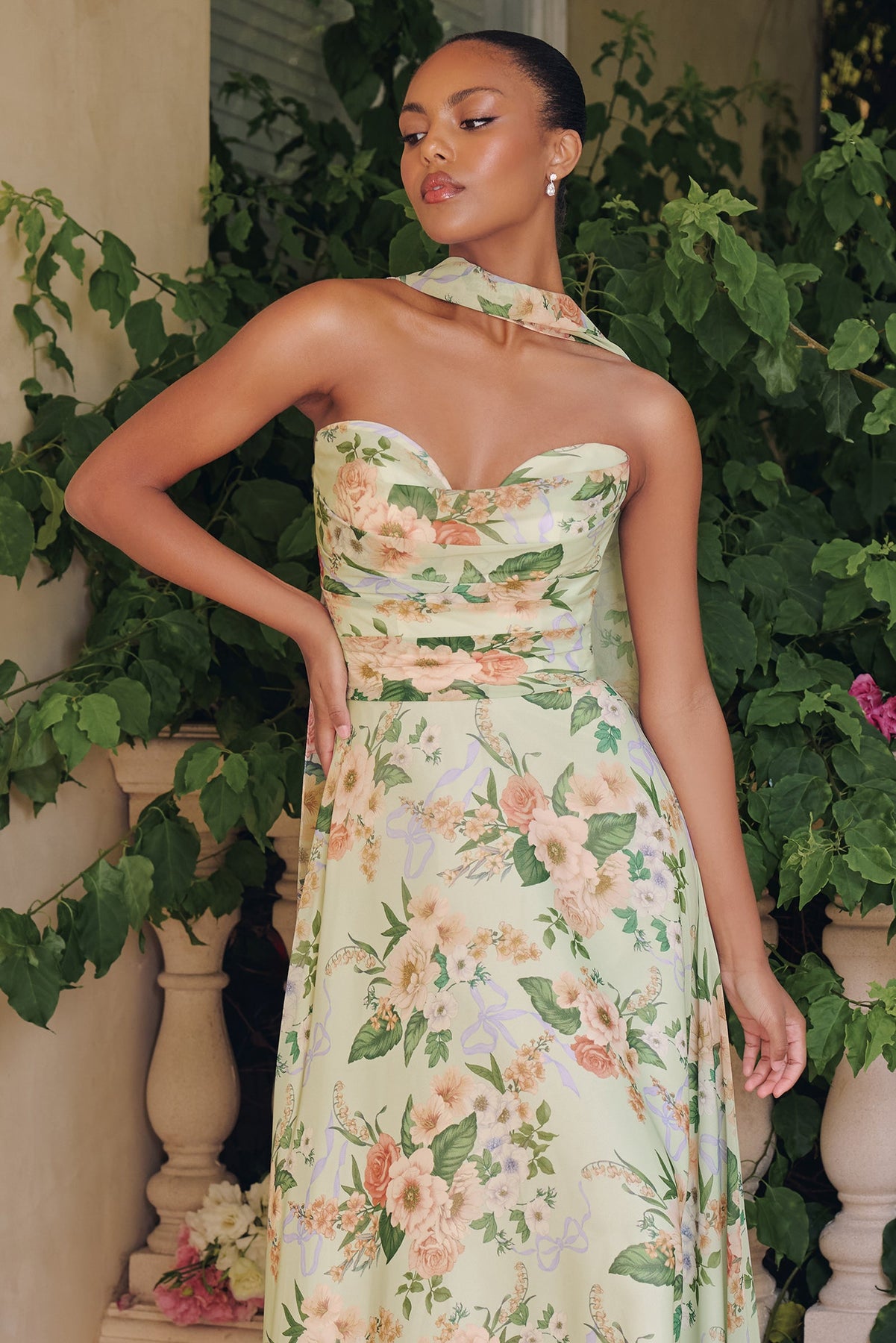 Amoris by Ladivine T717 - Floral Sweetheart Chiffon Gown In Green