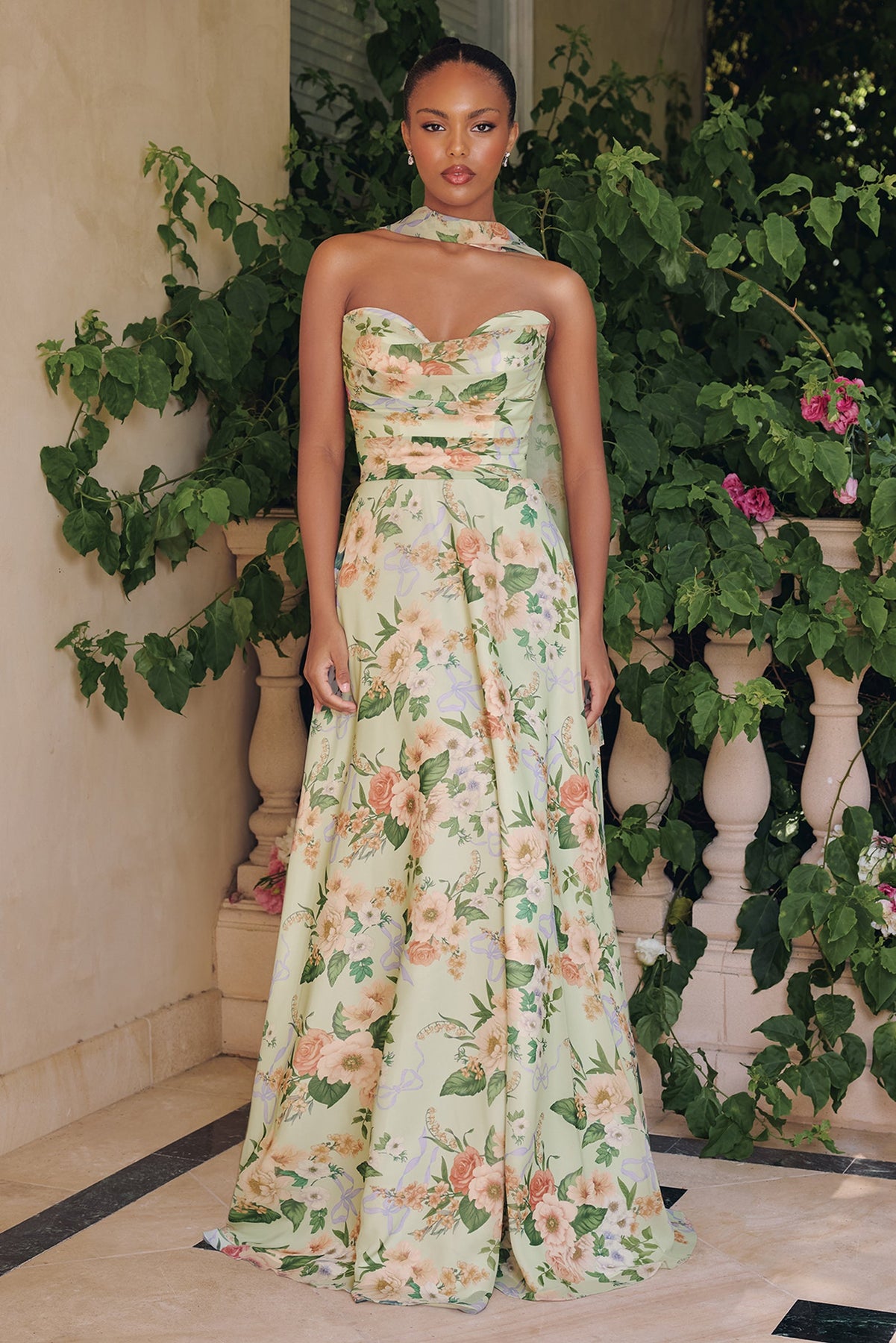 Amoris by Ladivine T717 - Floral Sweetheart Chiffon Gown In Floral