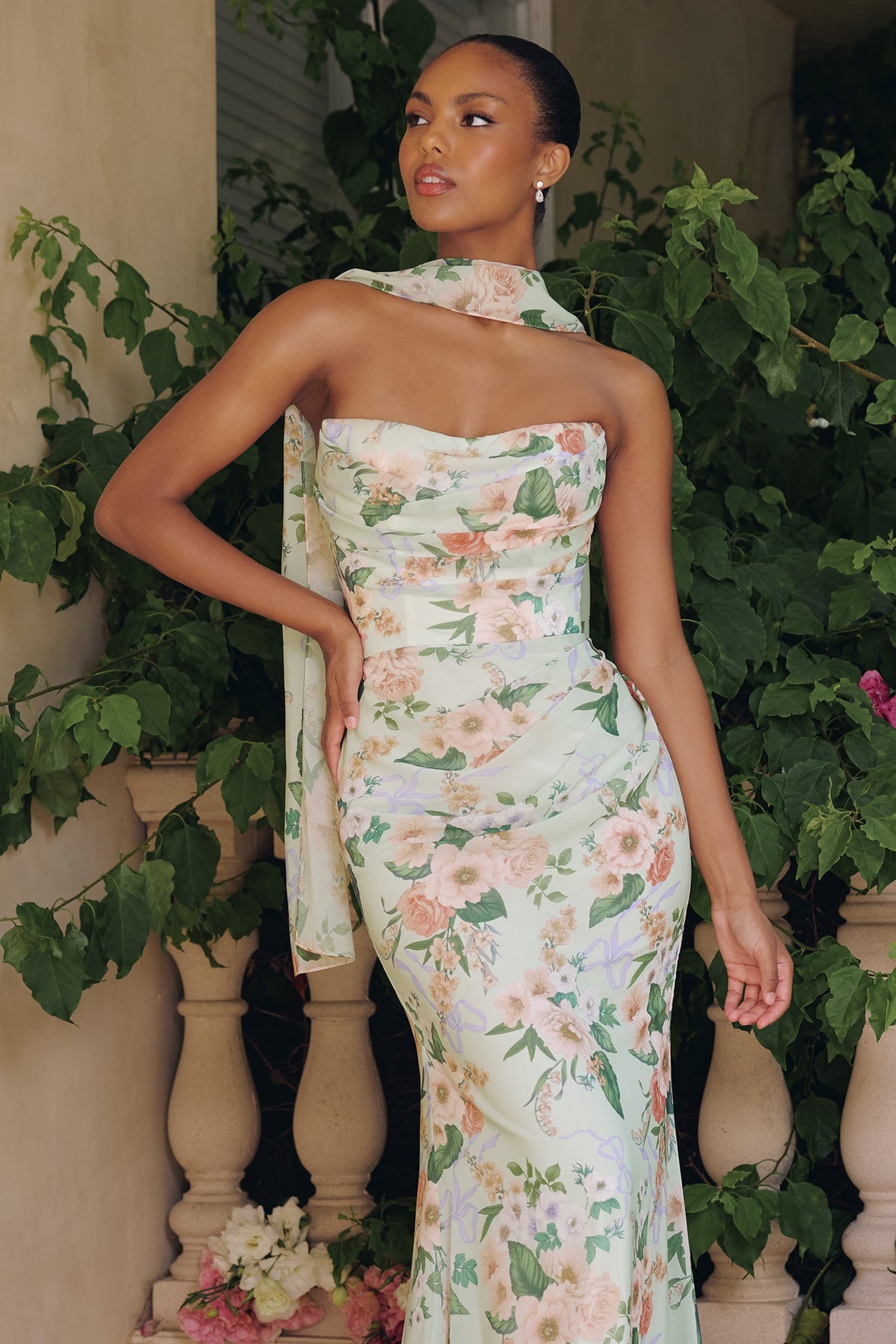 Amoris by Ladivine T718 - Sweetheart Floral Chiffon Mermaid Dress In Green