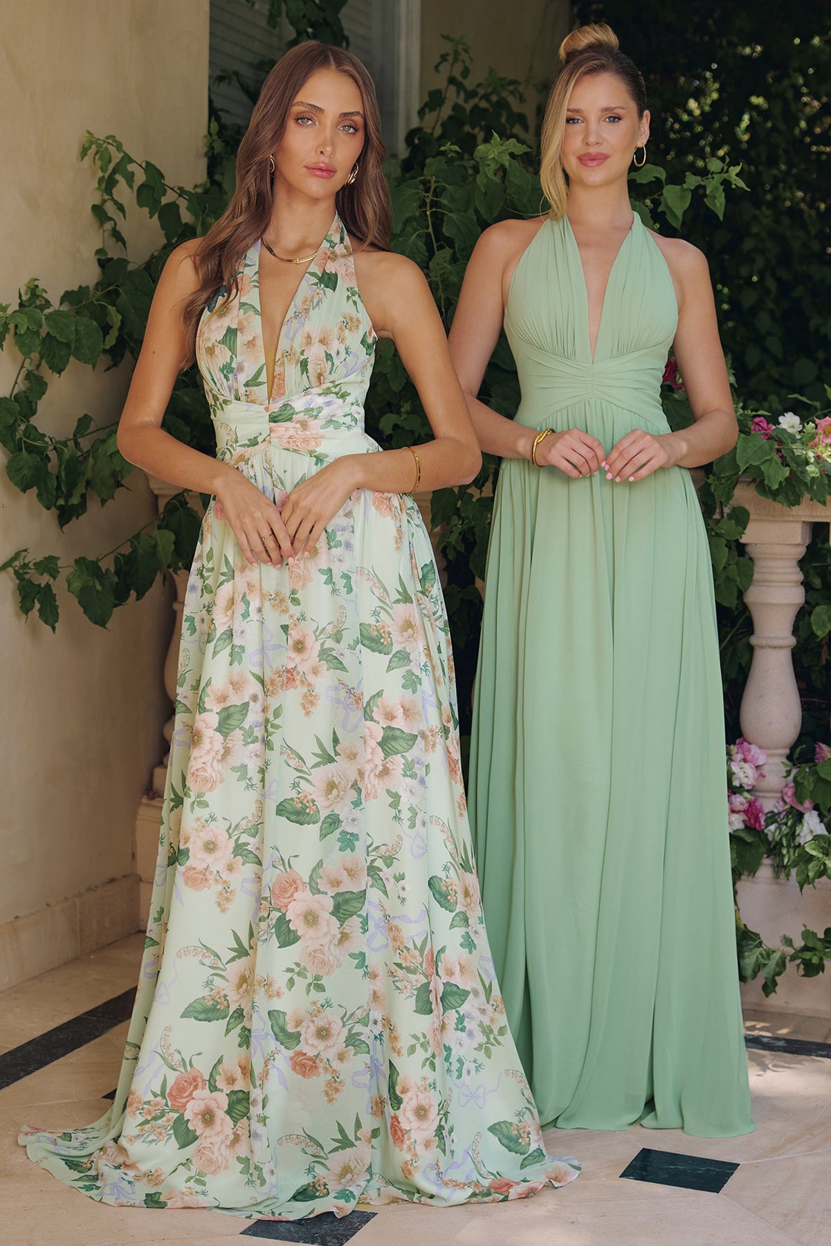 Amoris by Ladivine T719 - Plunging Halter Floral Chiffon Gown Bridesmaid Dresses in Sage