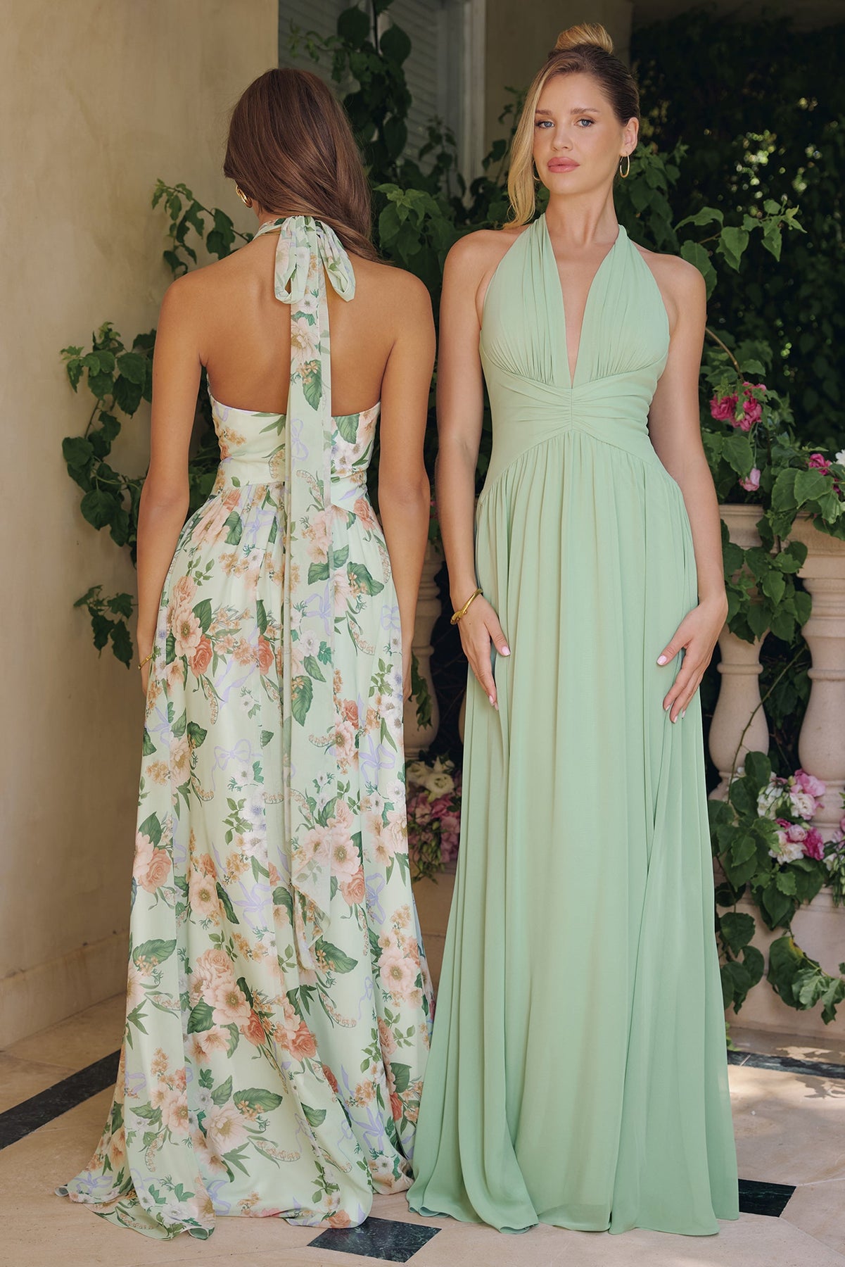 Amoris by Ladivine T719 - Plunging Halter Floral Chiffon Gown Bridesmaid Dresses in Sage