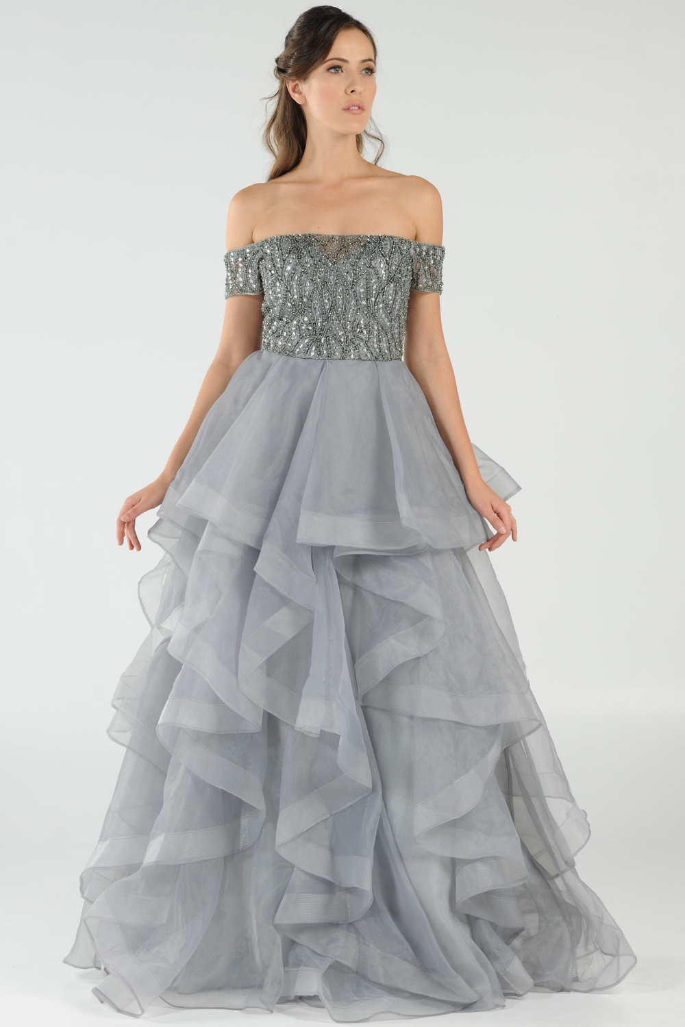 Poly USA 8006 - Heavily Beaded Off Shoulder Evening Gown Evening Dresses in Gray  